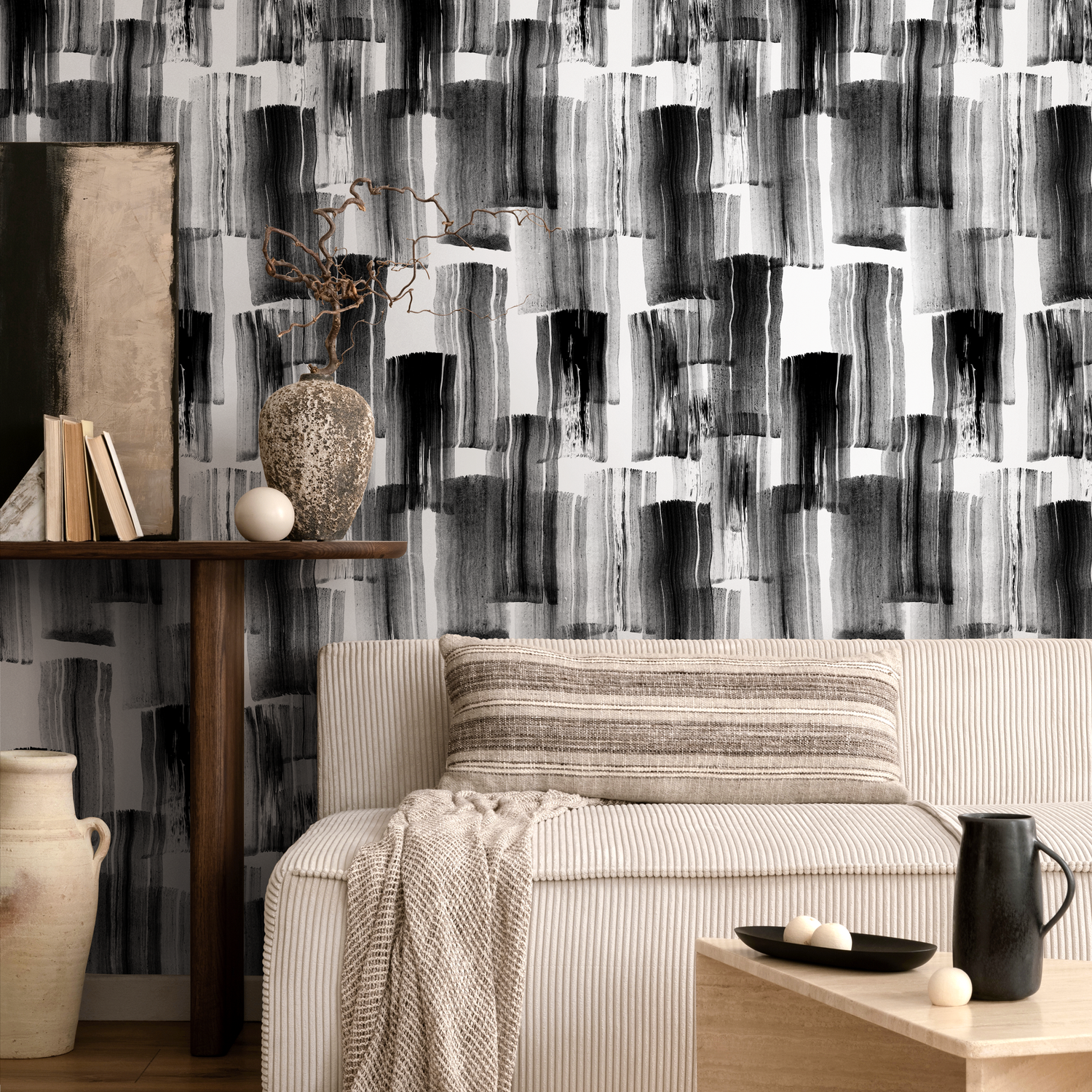 Abstract Wallpaper with Painterly Brush Strokes in Black and Gray - C769