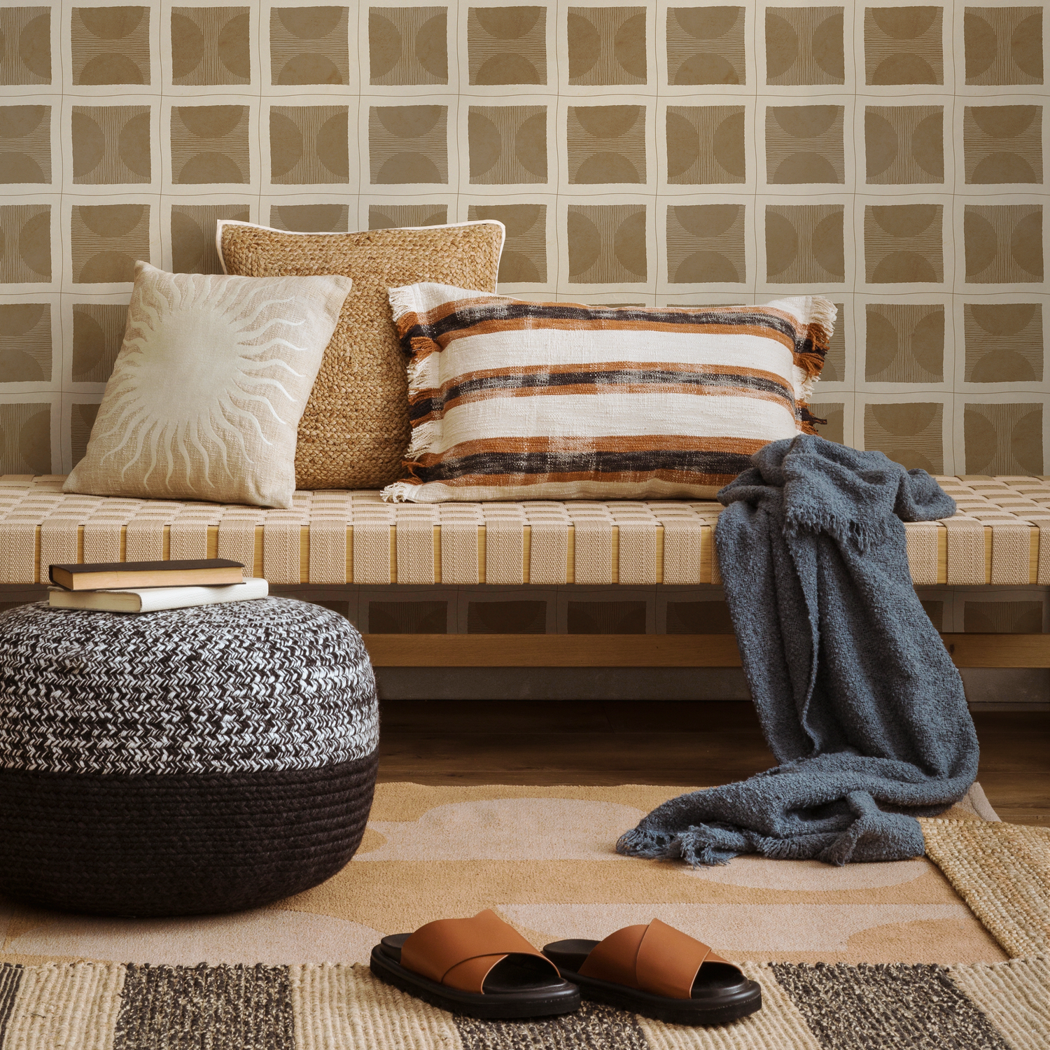 Geometric Wallpaper with Hand-Drawn Square Tiles in Beige and Brown - C770