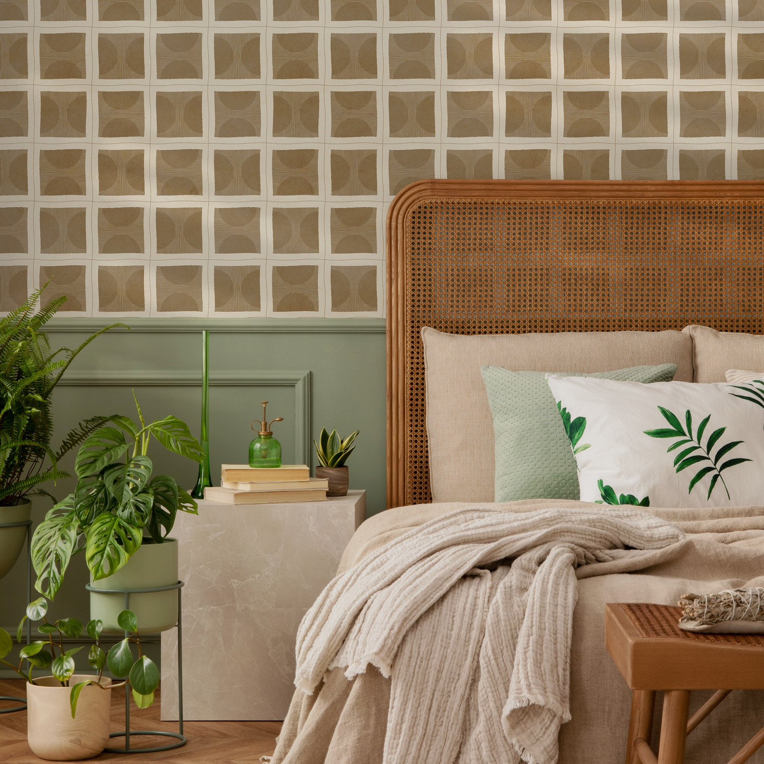 Geometric Wallpaper with Hand-Drawn Square Tiles in Beige and Brown - C770