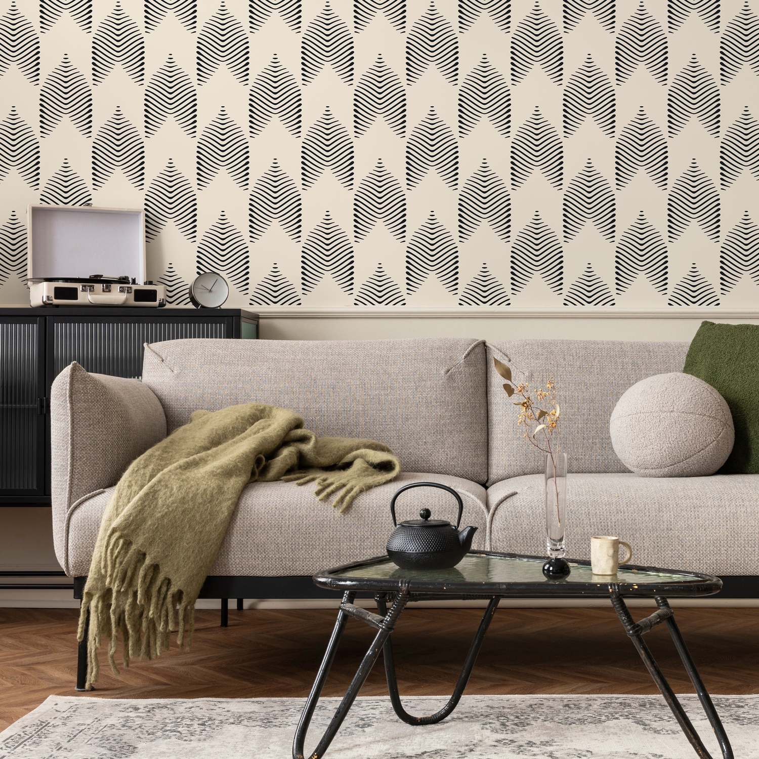 Papier peint bohème beige et noir / Papier peint autocollant amovible Décoration d'intérieur Art mural Décoration murale Décoration de chambre - C774