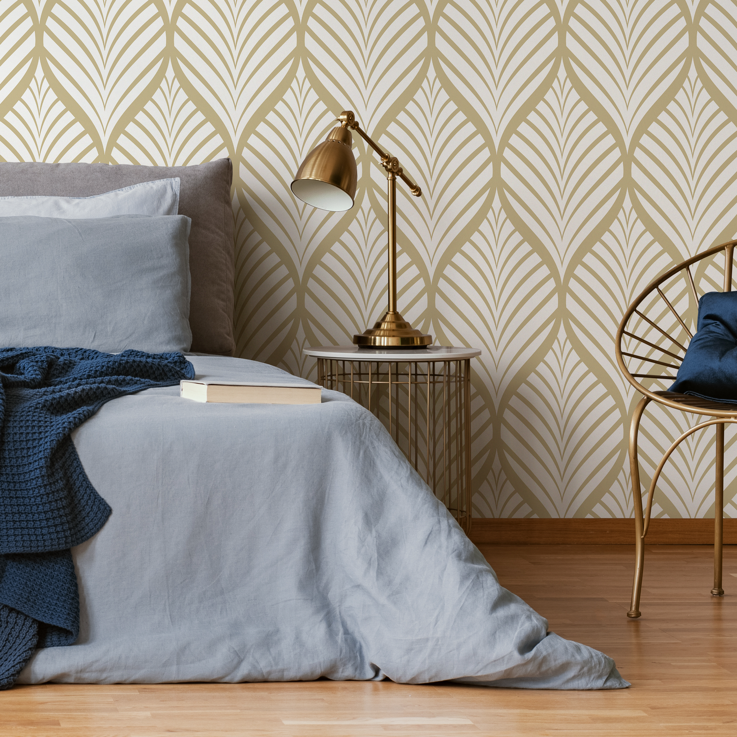 Art Deco Wallpaper with a Stylized Leaf Motif in Beige and Gold - C775