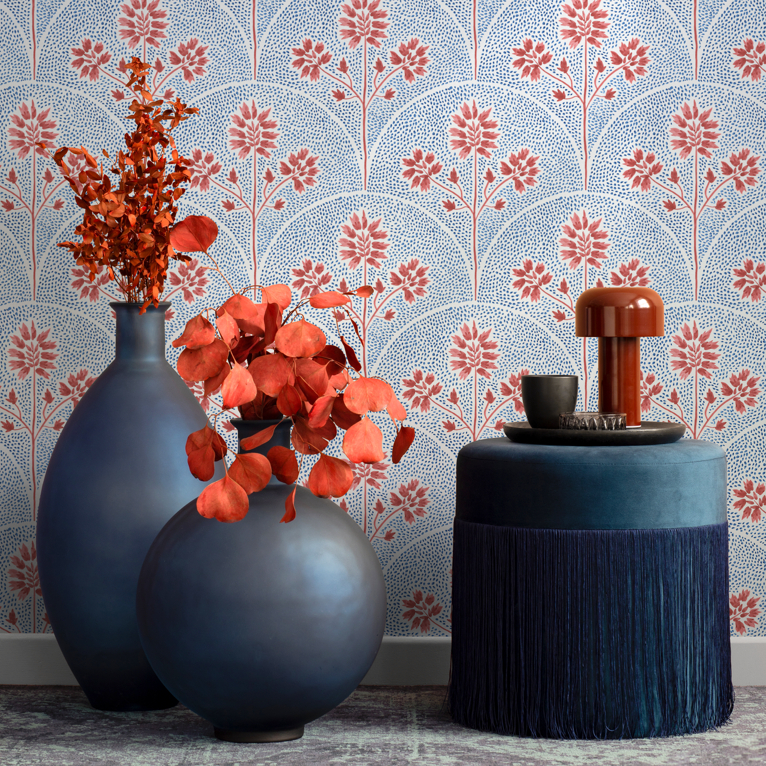 Art Deco Floral Wallpaper with a Stylized Fan Motif in Red and Blue - C779