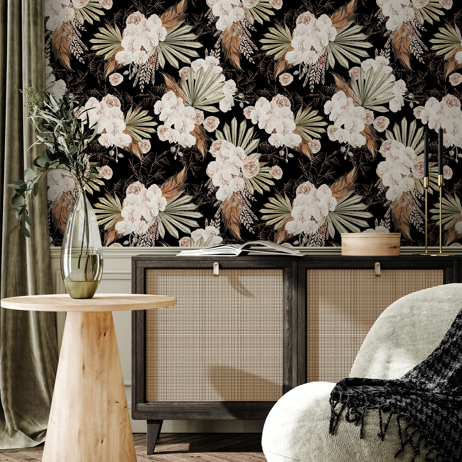 Black Boho Floral Wallpaper / Peel and Stick Wallpaper Removable Wallpaper Home Decor Wall Art Wall Decor Room Decor - C787 - ONDECOR.COM