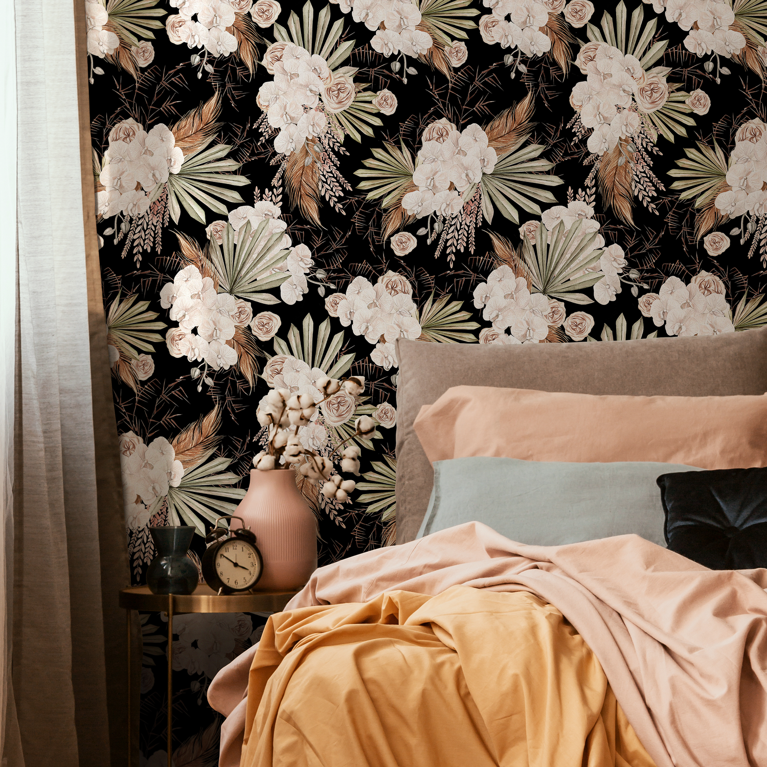 Black Boho Floral Wallpaper / Peel and Stick Wallpaper Removable Wallpaper Home Decor Wall Art Wall Decor Room Decor - C787 - ONDECOR.COM