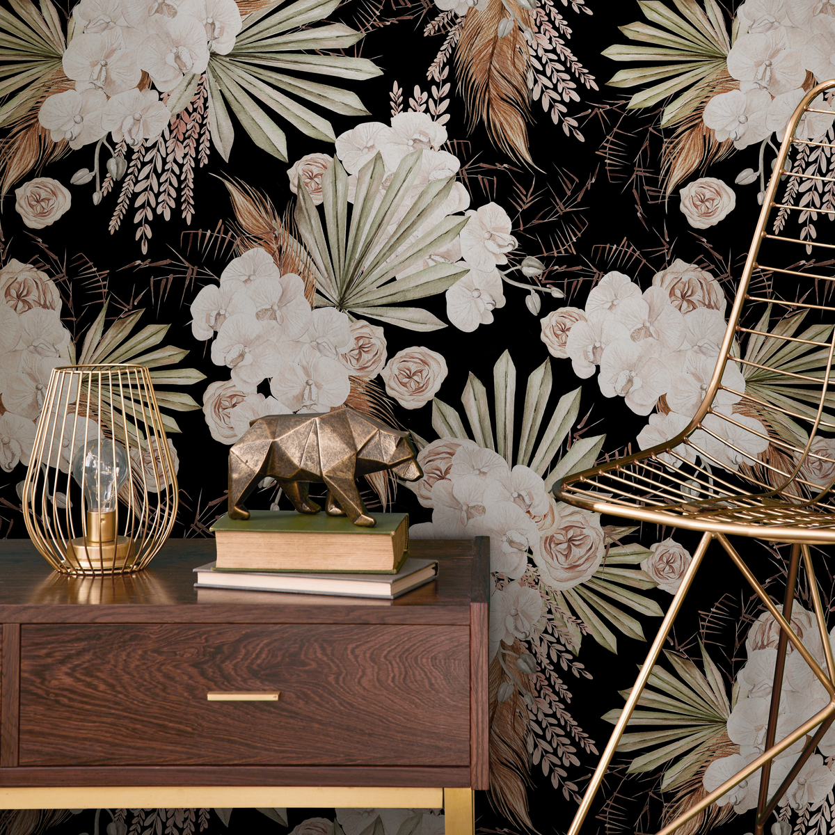 Black Boho Floral Wallpaper / Peel and Stick Wallpaper Removable Wallpaper Home Decor Wall Art Wall Decor Room Decor - C787 - ONDECOR.COM
