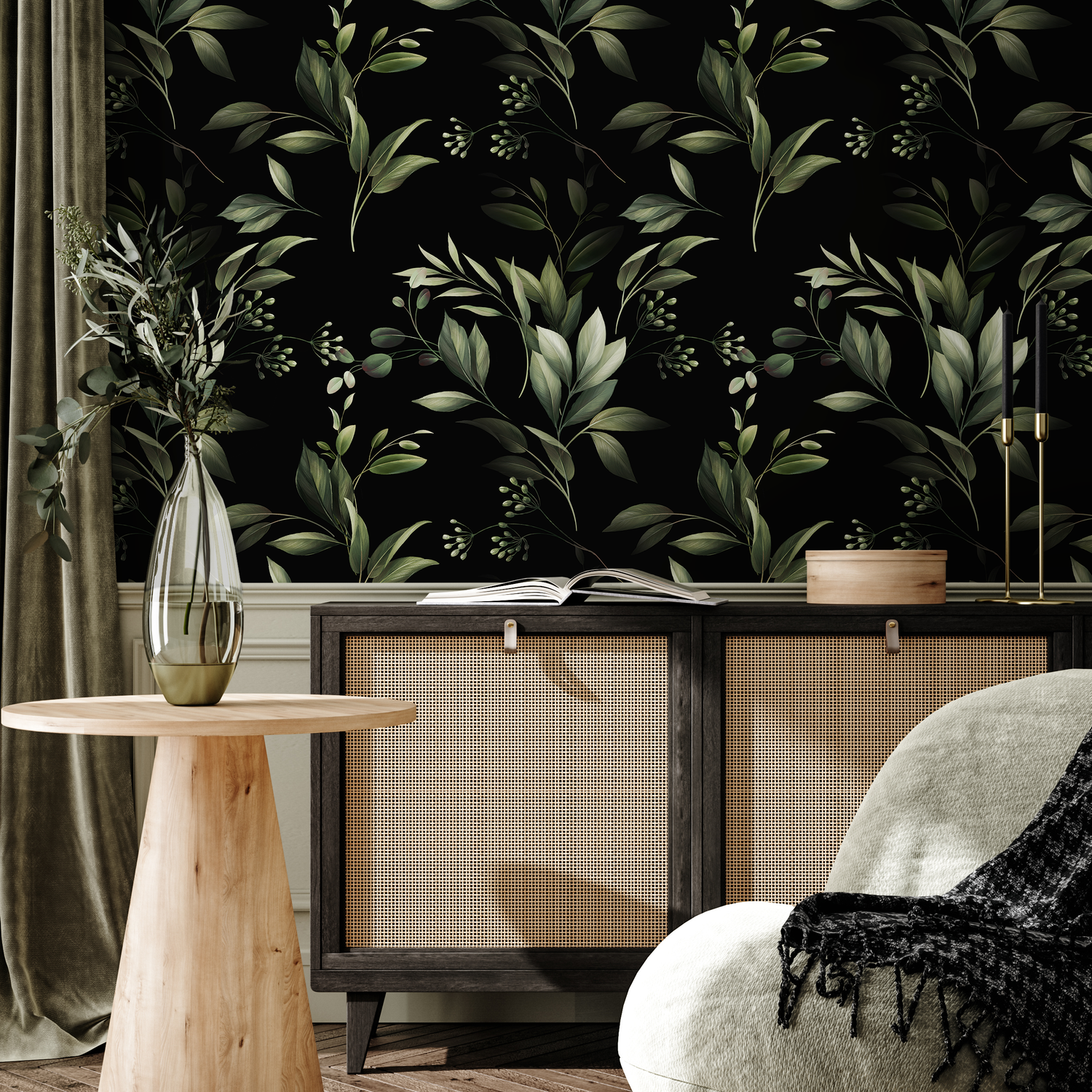 Botanical Wallpaper with Lush Leafy Branches in Green and Black - C790