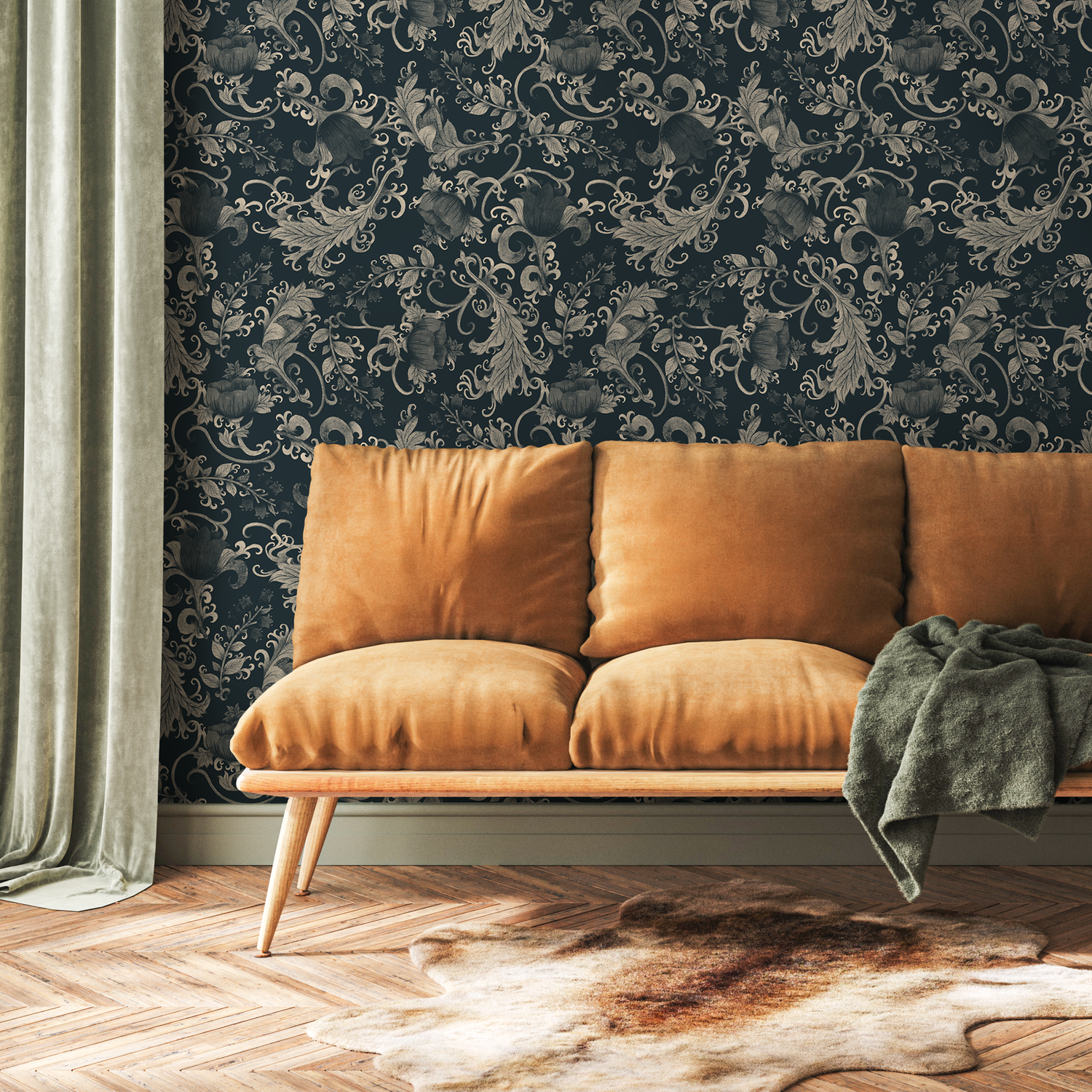 Art Nouveau Wallpaper with Floral Scrolls in Dark Blue and Beige - C791
