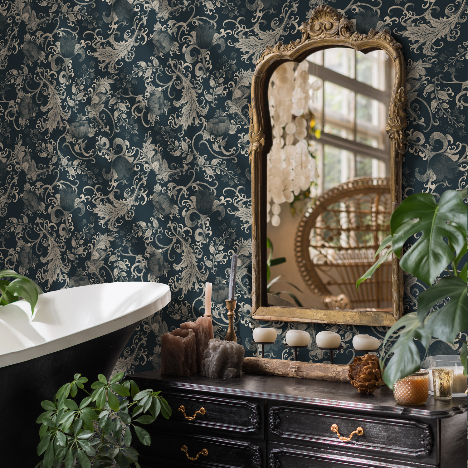 Art Nouveau Wallpaper with Floral Scrolls in Dark Blue and Beige - C791