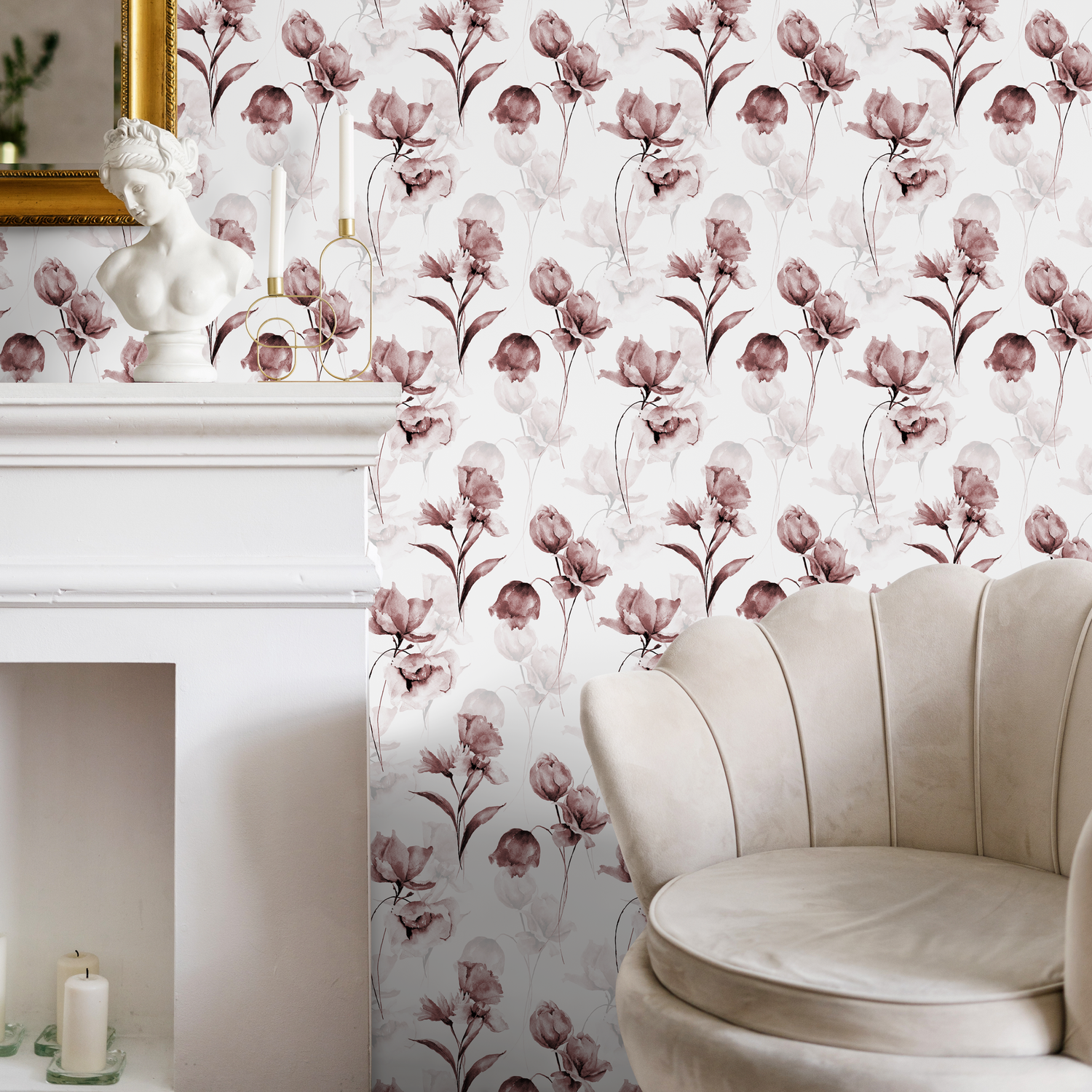 Floral Wallpaper Featuring Ethereal Blooms in Dusty Rose and Brown - C793