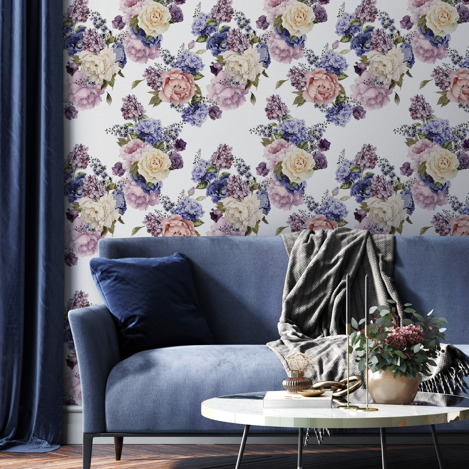 Papier peint floral à motifs de roses et d'hortensias / Papier peint autocollant amovible Décoration d'intérieur Art mural Décoration murale Décoration de chambre - C795