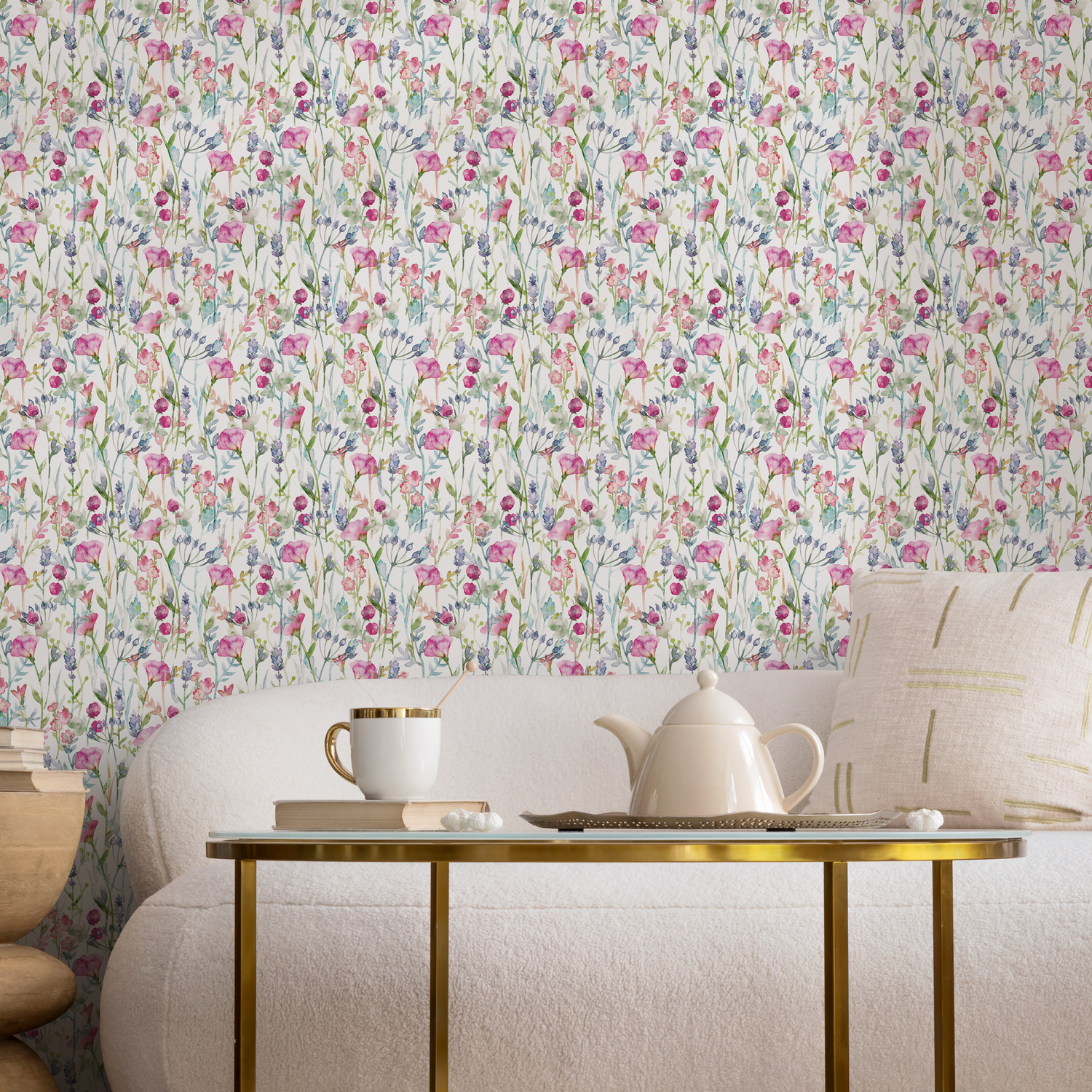 Wildflower Wallpaper with a Watercolor Meadow Motif in Pink, Purple, and Green - C800