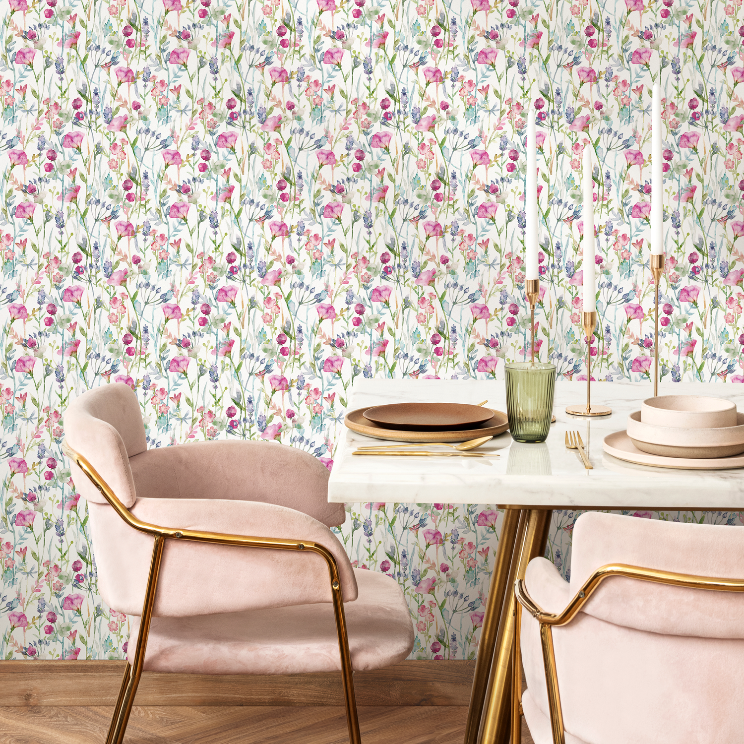 Wildflower Wallpaper with a Watercolor Meadow Motif in Pink, Purple, and Green - C800