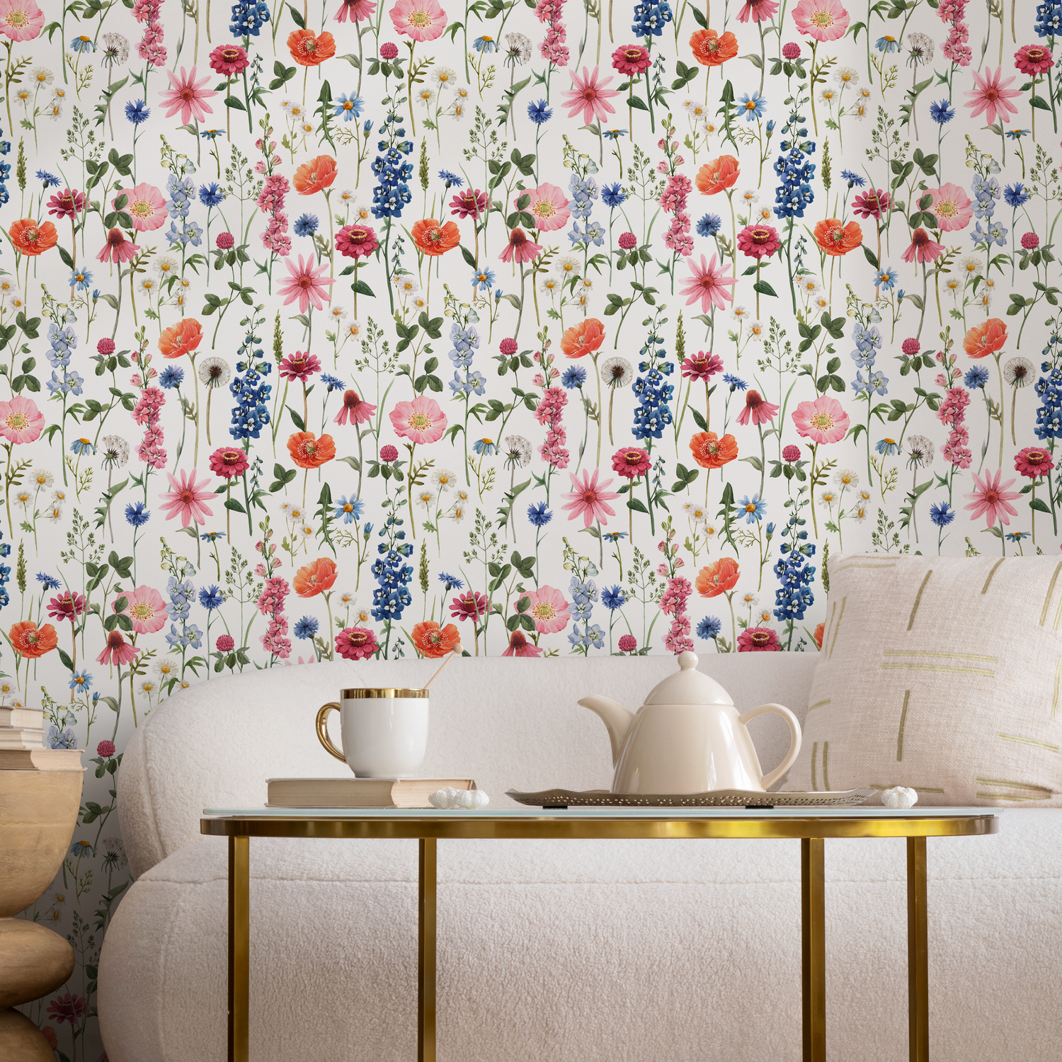 Botanical Wallpaper with a Colorful Wildflower Meadow in Pink, Blue, and Red - C802