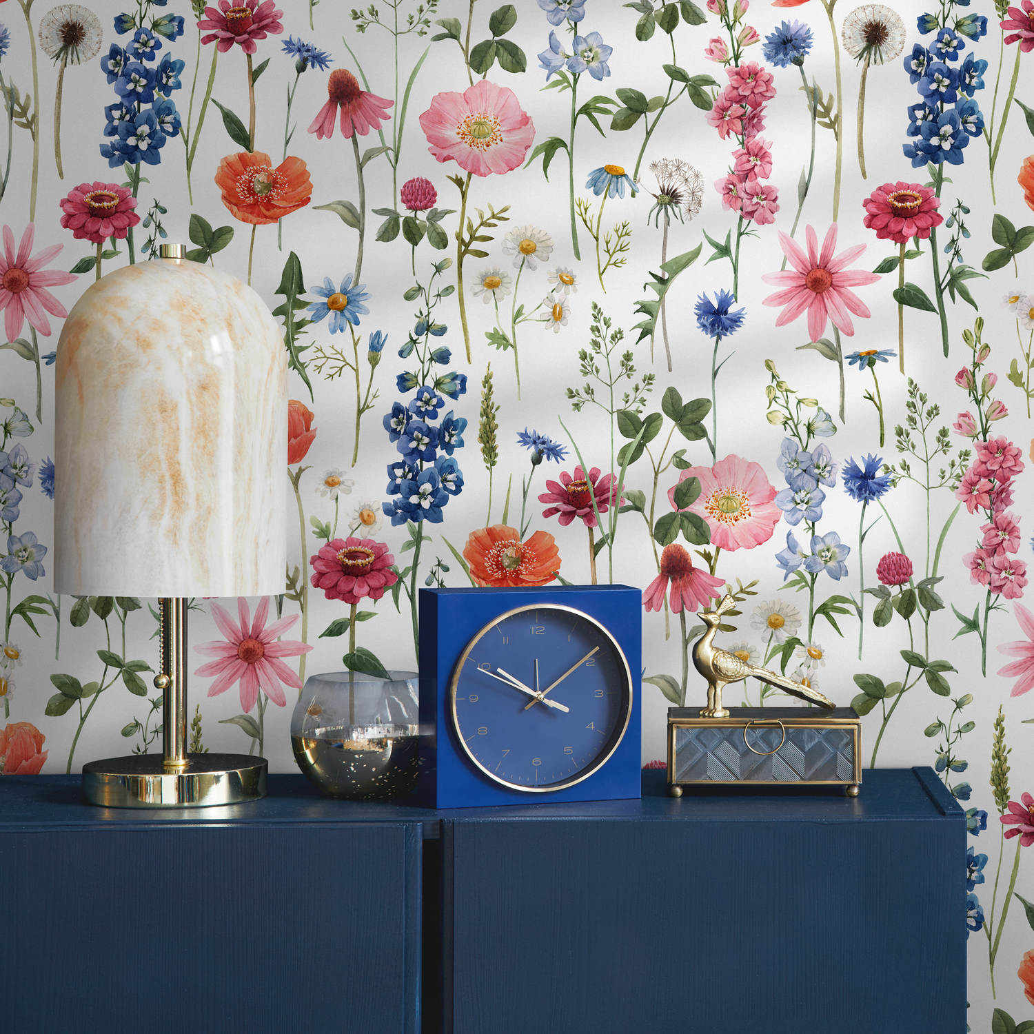 Botanical Wallpaper with a Colorful Wildflower Meadow in Pink, Blue, and Red - C802