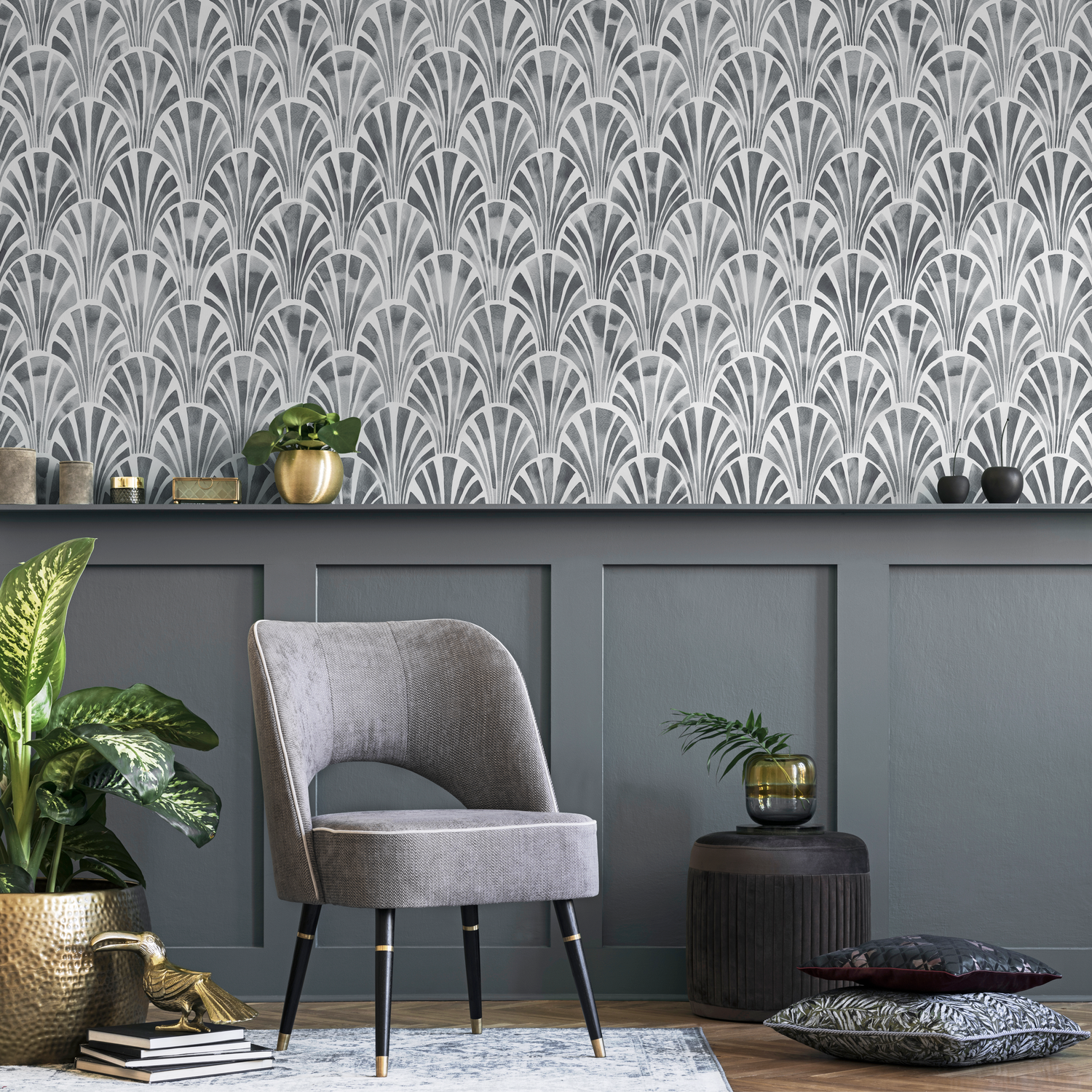 Art Deco Wallpaper with a Watercolor Fan Motif in Shades of Gray - C805