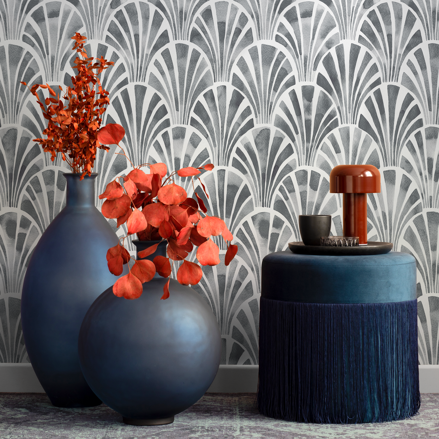 Art Deco Wallpaper with a Watercolor Fan Motif in Shades of Gray - C805