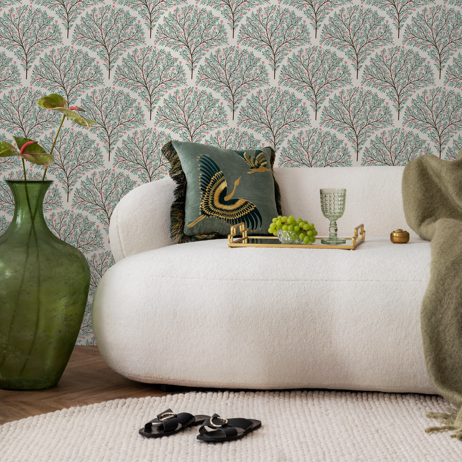Botanical Wallpaper with a Blossoming Tree Motif in Green, Pink, and Brown - C809