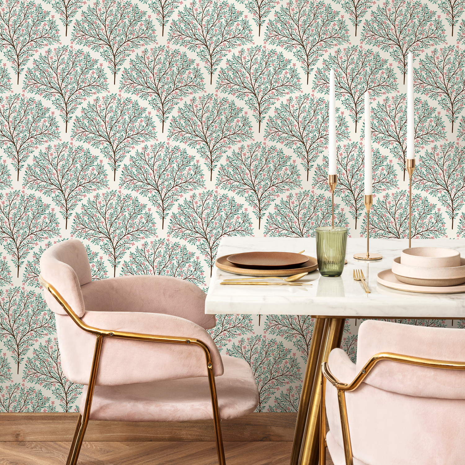 Botanical Wallpaper with a Blossoming Tree Motif in Green, Pink, and Brown - C809