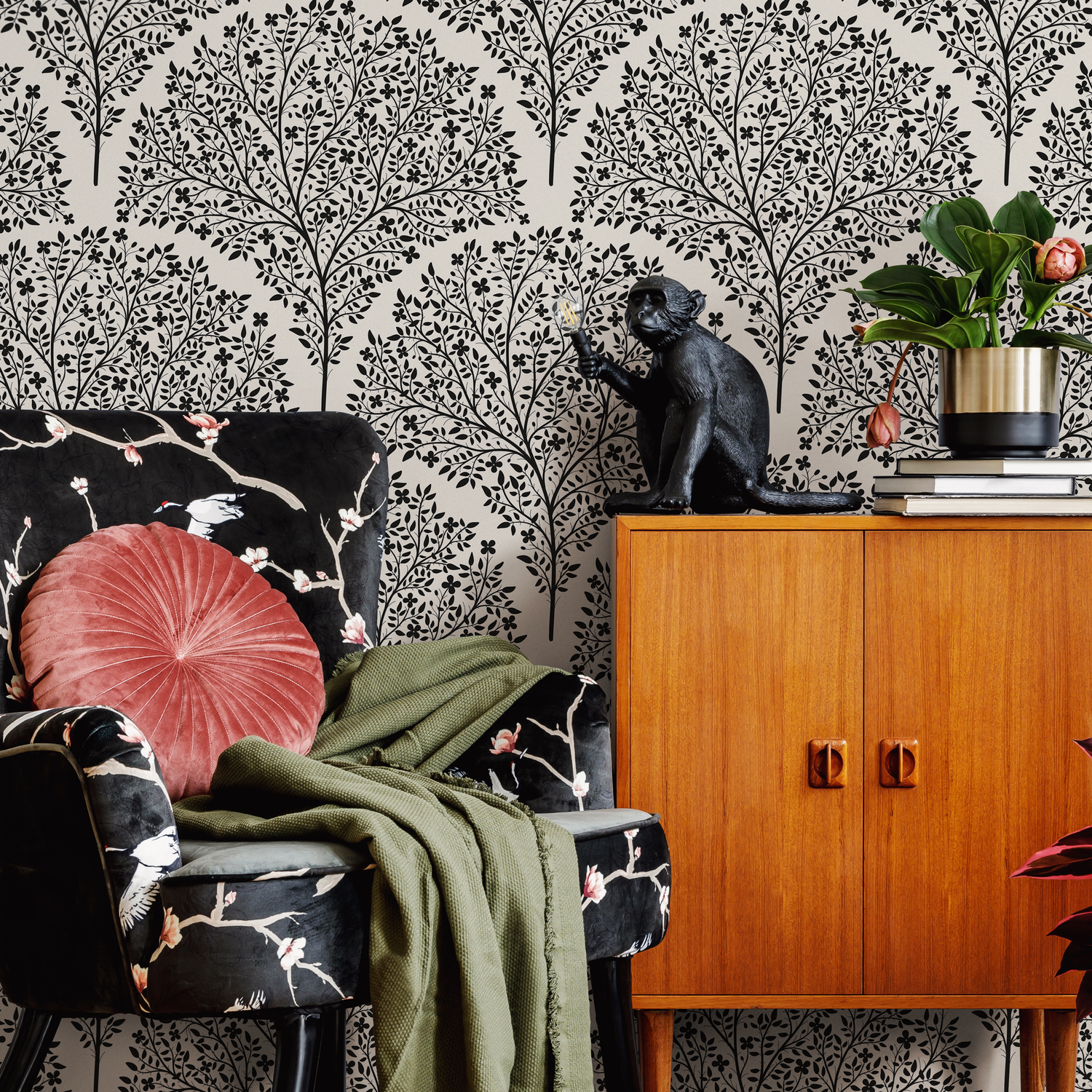 Floral Wallpaper with a Stylized Tree Motif in Black and Beige - C813