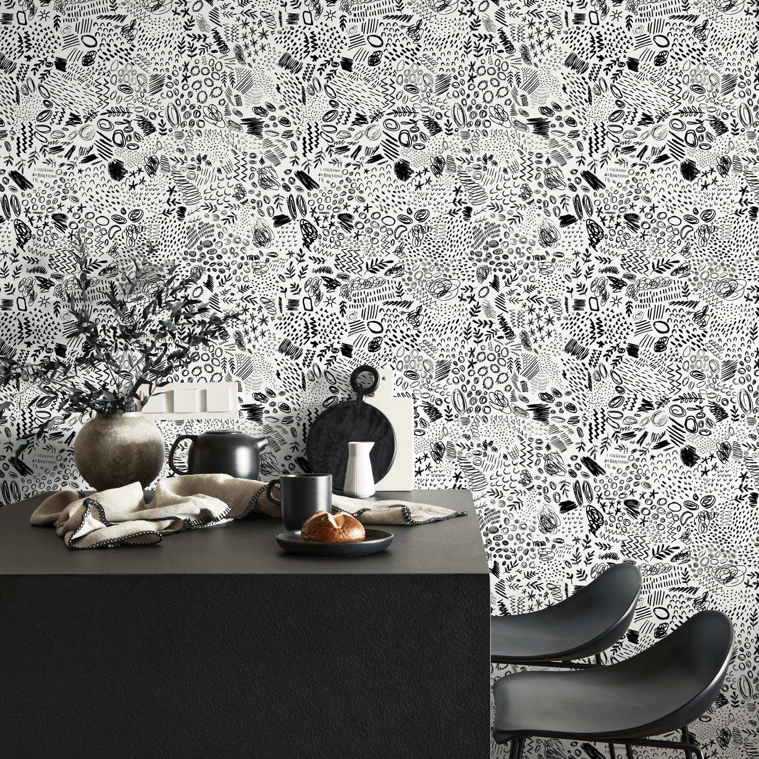 Abstract Wallpaper with Artistic Doodles in Black and White - C817