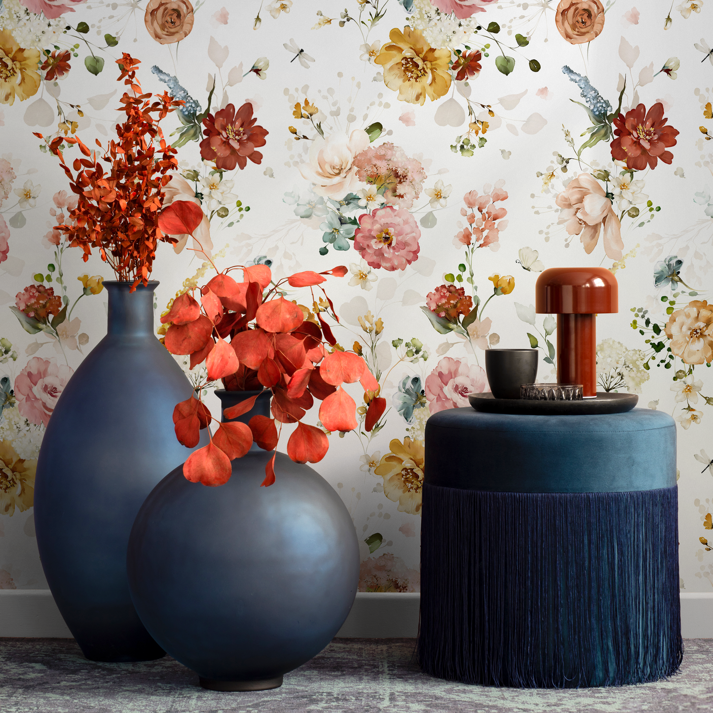 Vintage Flowers Watercolor Wallpaper / Peel and Stick Wallpaper Removable Wallpaper Home Decor Wall Art Wall Decor Room Decor - C821