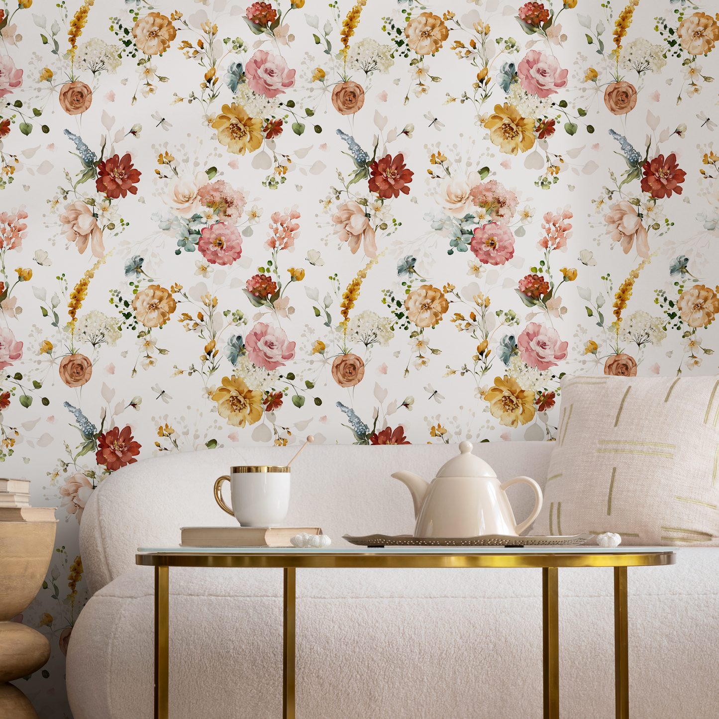 Vintage Flowers Watercolor Wallpaper / Peel and Stick Wallpaper Removable Wallpaper Home Decor Wall Art Wall Decor Room Decor - C821