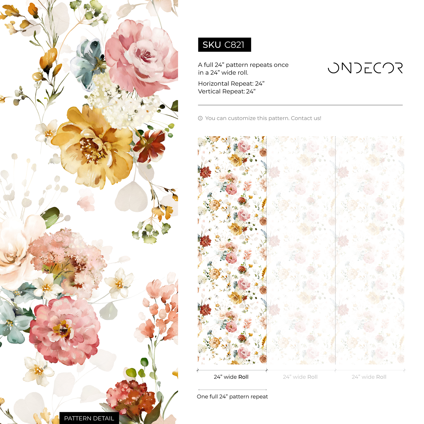 Vintage Flowers Watercolor Wallpaper / Peel and Stick Wallpaper Removable Wallpaper Home Decor Wall Art Wall Decor Room Decor - C821
