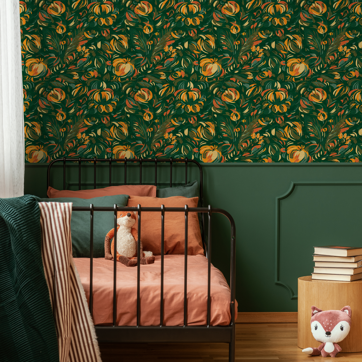 Abstract Floral Wallpaper with a Painterly Motif in Green, Orange, and Yellow - C822