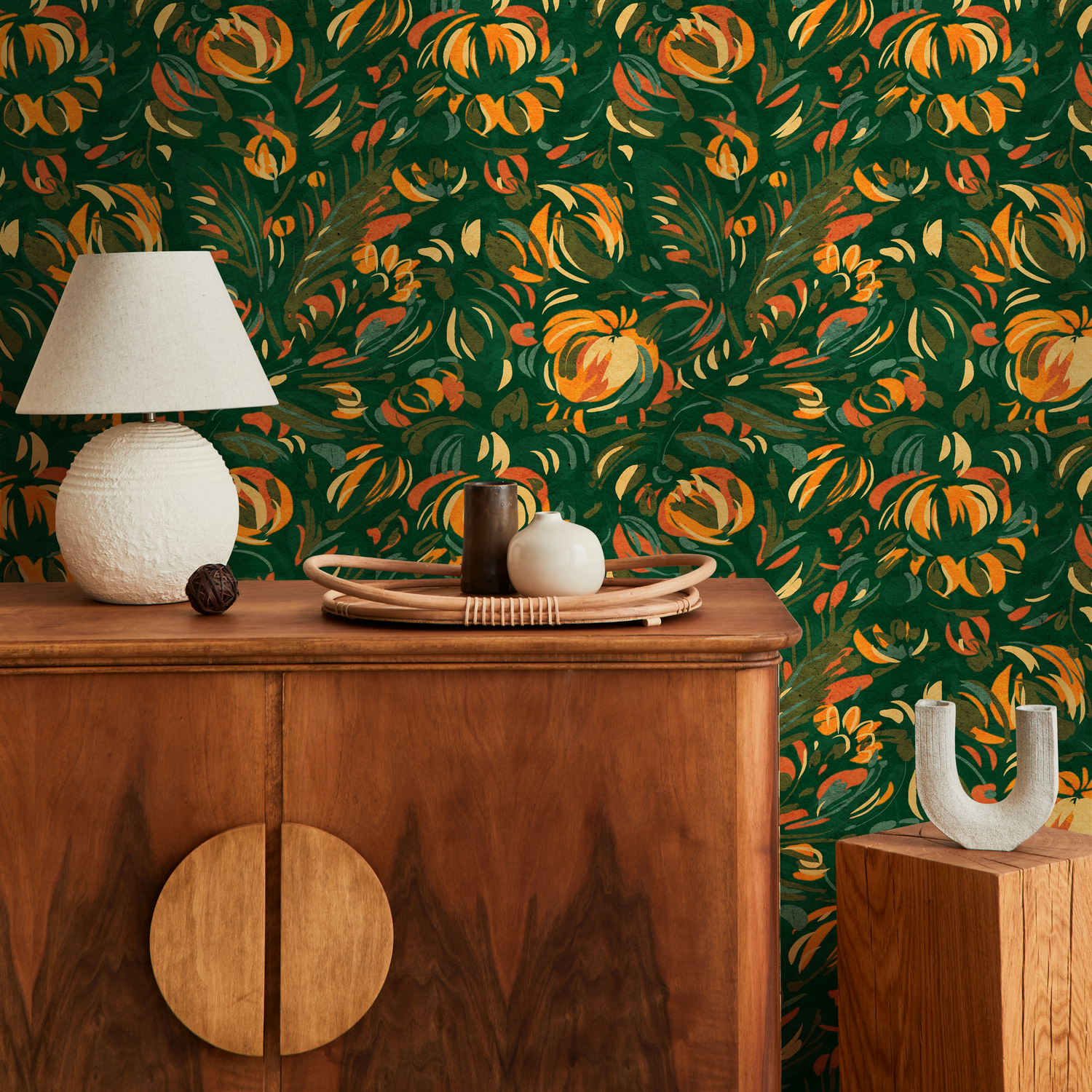 Abstract Floral Wallpaper with a Painterly Motif in Green, Orange, and Yellow - C822