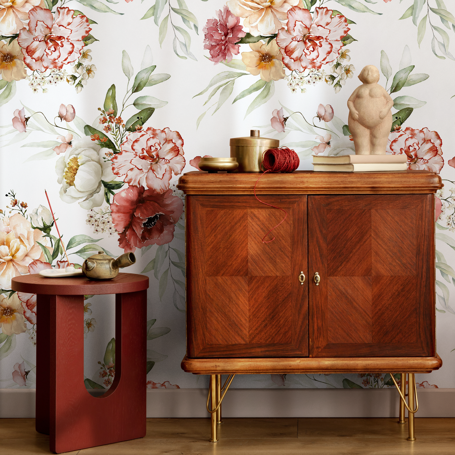 Floral Wallpaper Featuring Watercolor Peonies in Red, Pink, and Green - C823