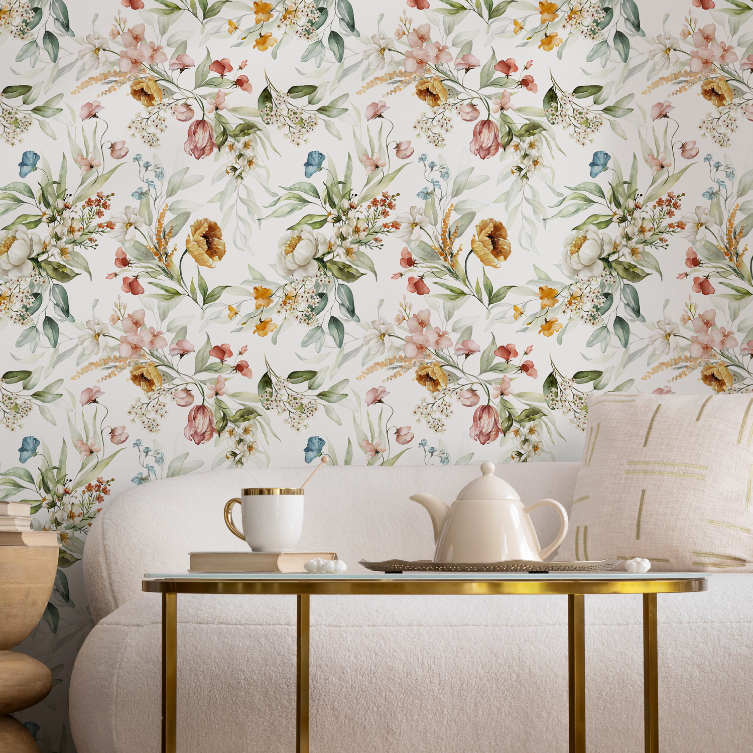 Wildflower Wallpaper with a Watercolor Garden Motif in Pink, Yellow, and Blue - C826