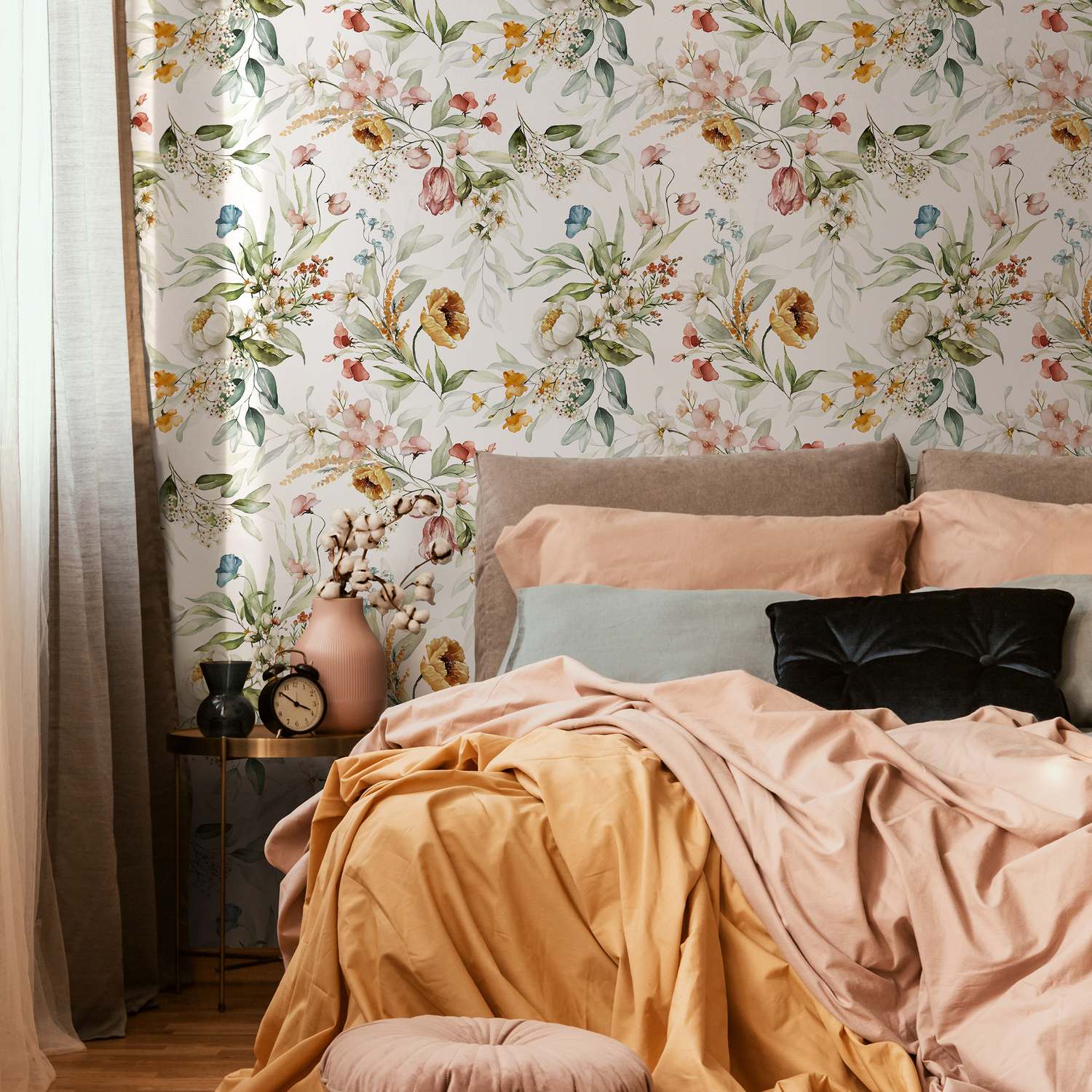 Wildflower Wallpaper with a Watercolor Garden Motif in Pink, Yellow, and Blue - C826