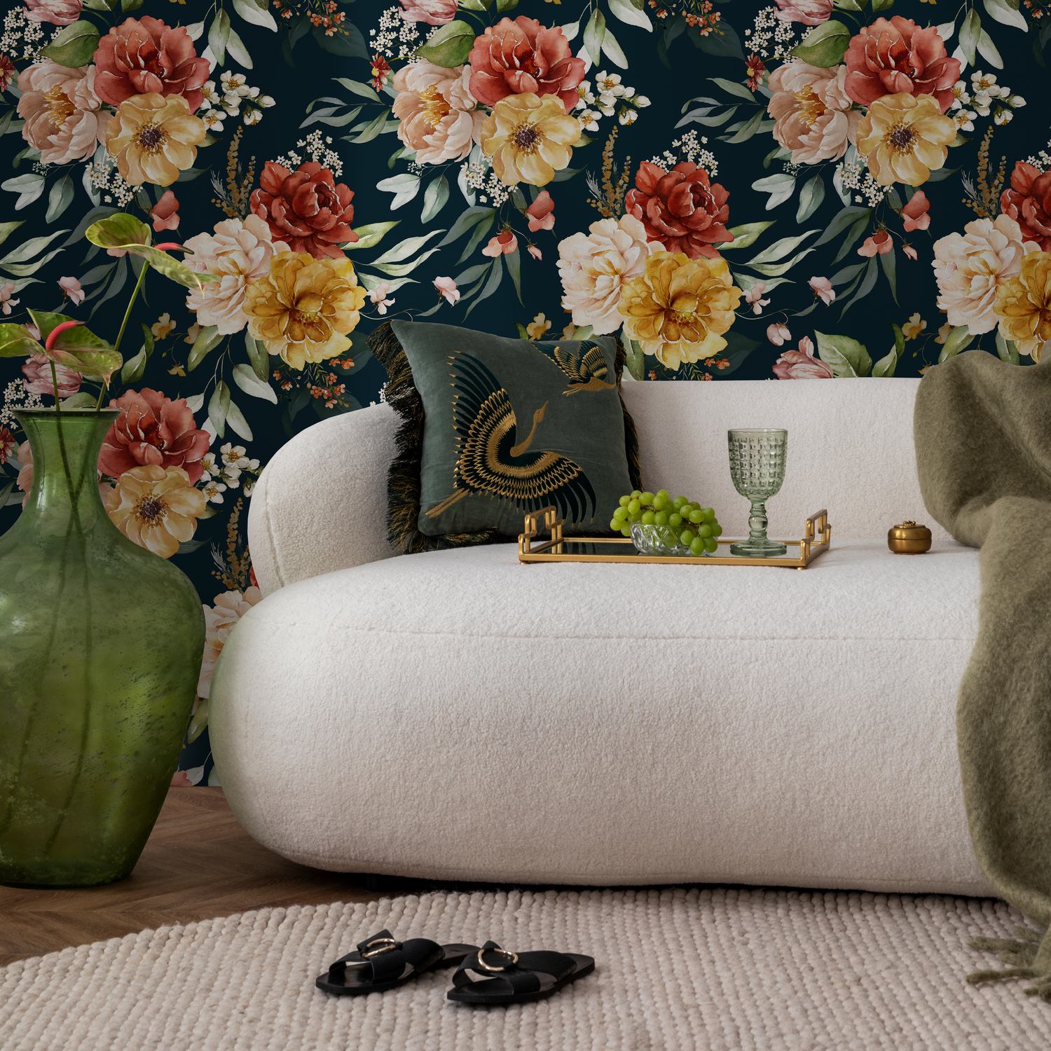 Floral Wallpaper with a Vintage Garden Motif in Yellow, Red, and Pink - C827