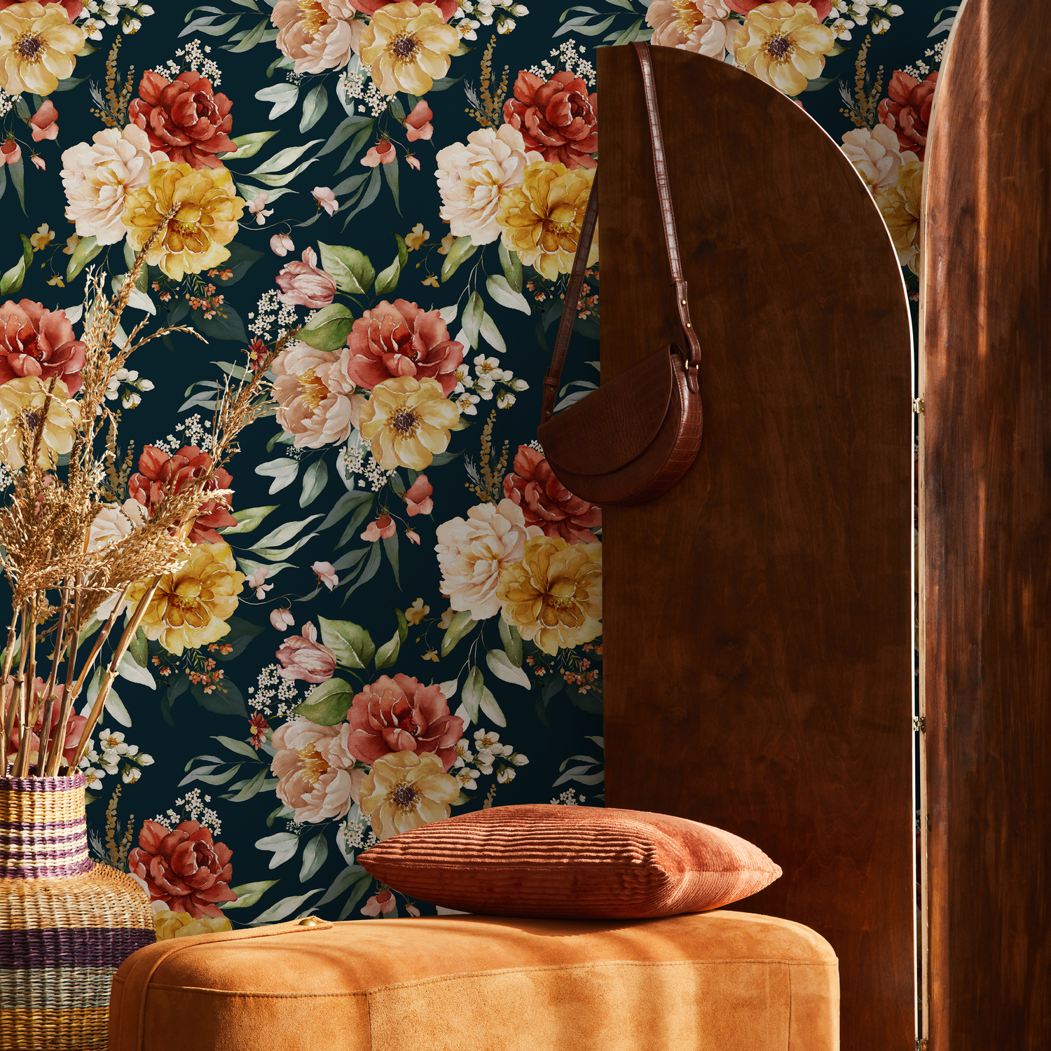 Floral Wallpaper with a Vintage Garden Motif in Yellow, Red, and Pink - C827