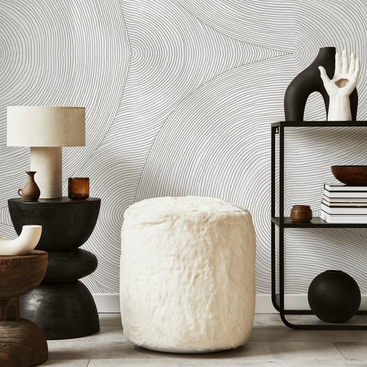 Abstract Wallpaper with Flowing Contour Lines in Gray and Black - C834