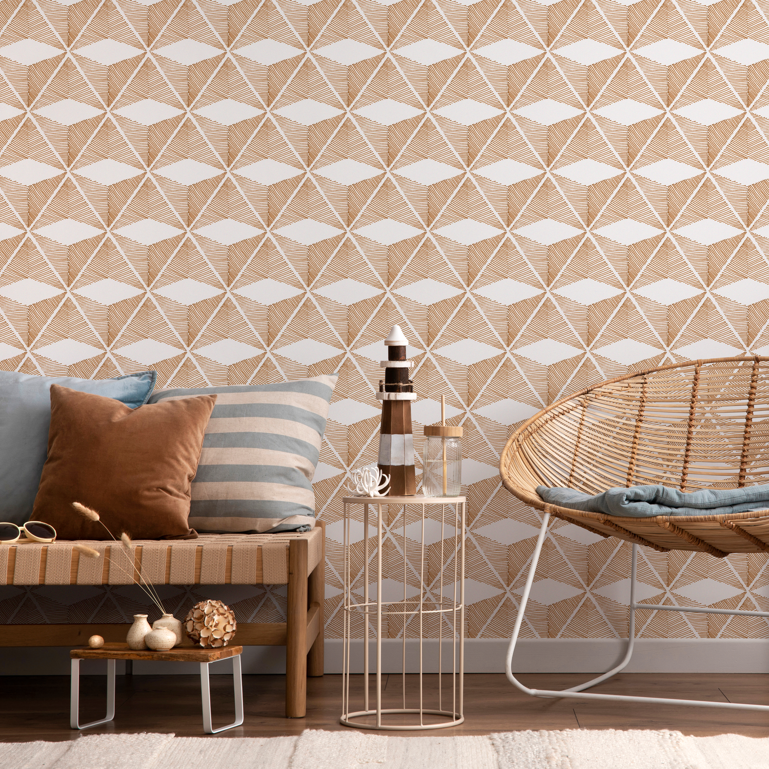 Geometric Wallpaper with a Hand-Drawn Block Motif in Brown - C840