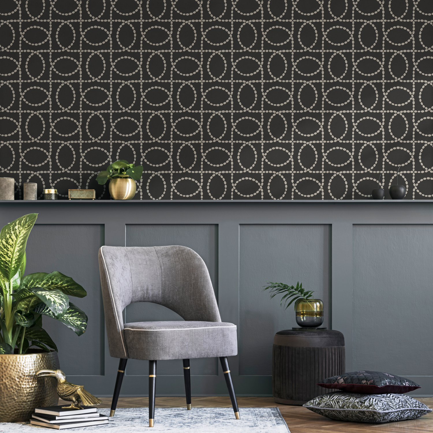 Geometric Wallpaper with a Dotted Oval Grid in Black and White - C843