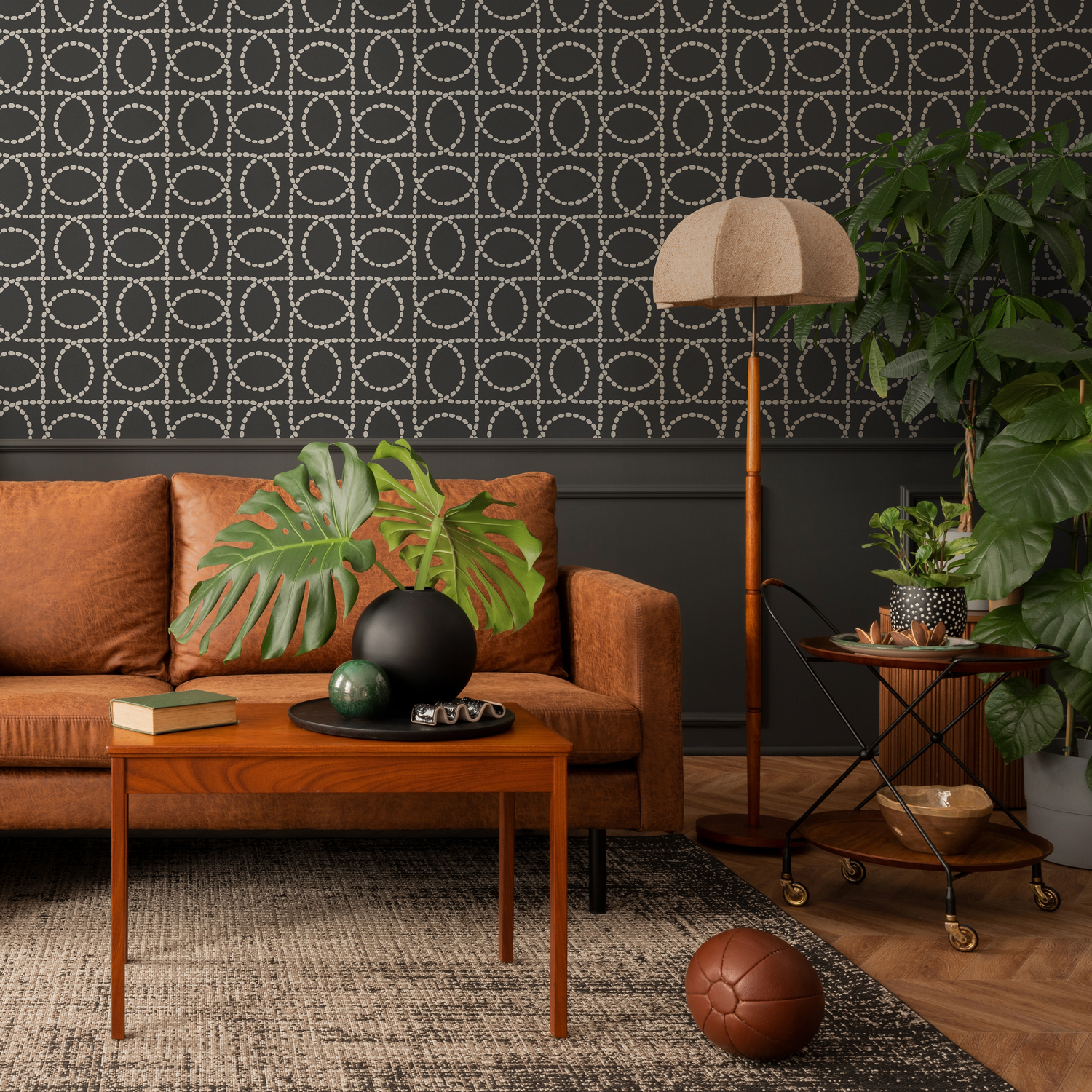 Geometric Wallpaper with a Dotted Oval Grid in Black and White - C843