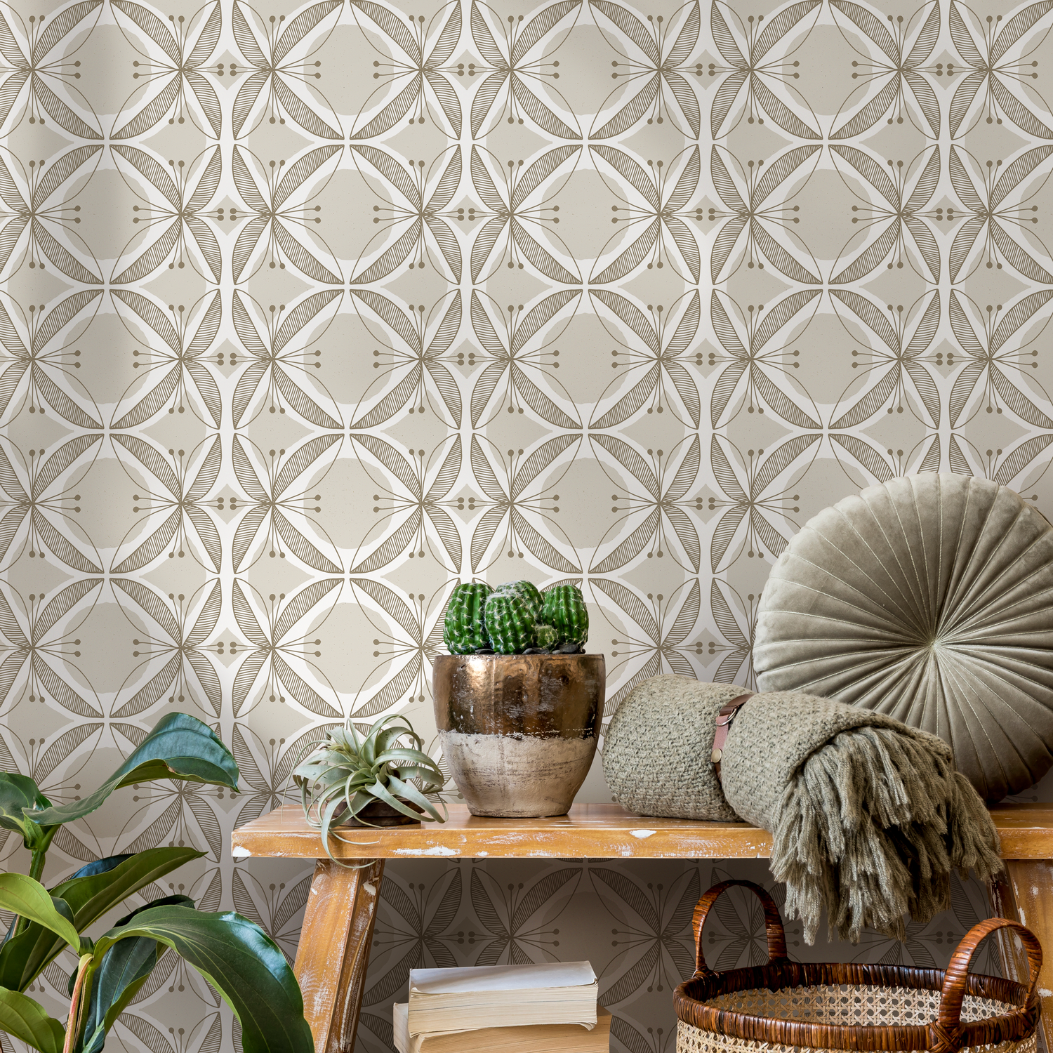 Geometric Wallpaper with a Stylized Floral Motif in Beige, Brown, and White - C845