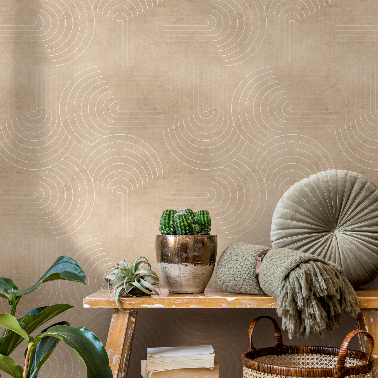 Abstract Wallpaper with an Art Deco Arch Motif in Beige and Cream - C847