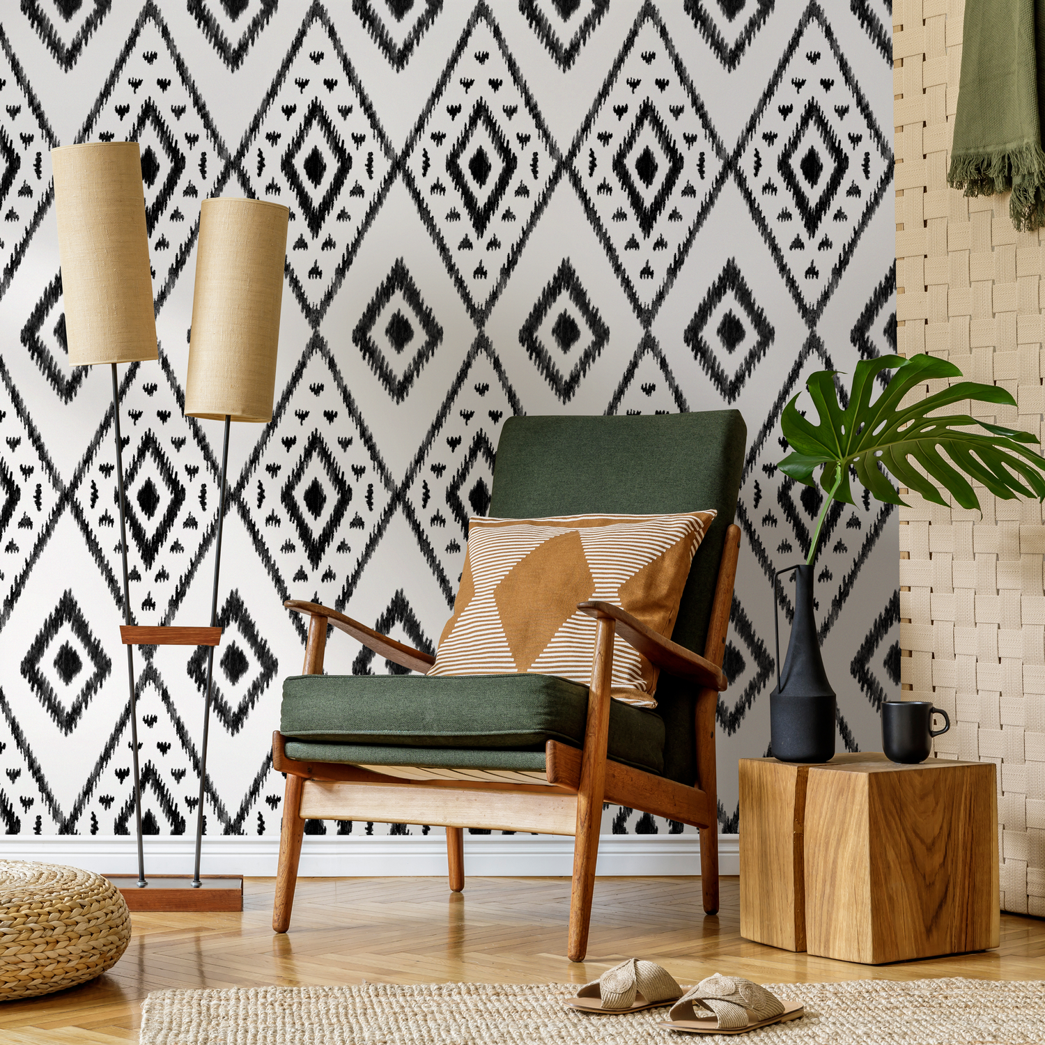 Tribal Wallpaper with a Sketched Diamond Motif in Black and White - C848