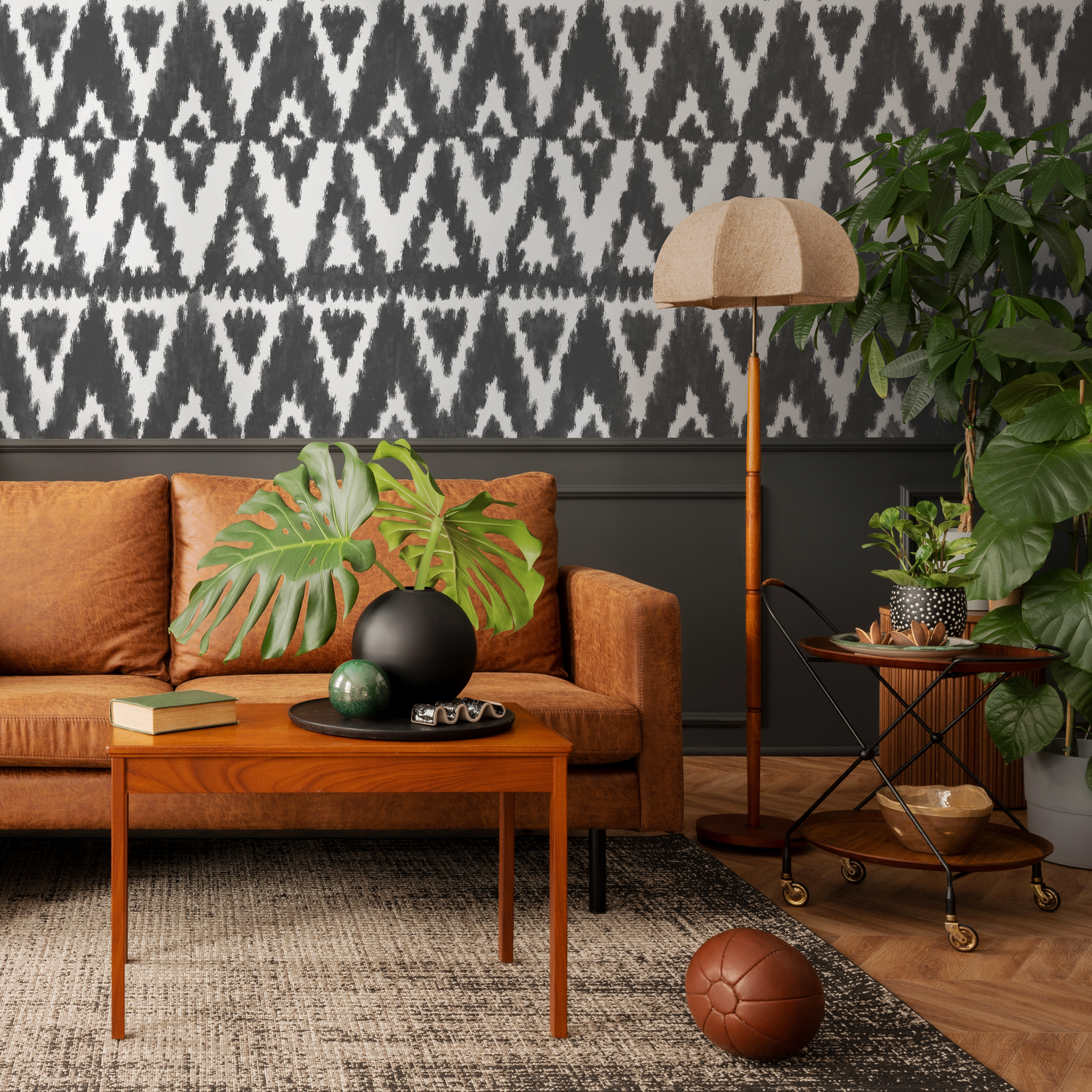 Tribal Wallpaper with a Bold Ikat-Inspired Motif in Black and White - C851