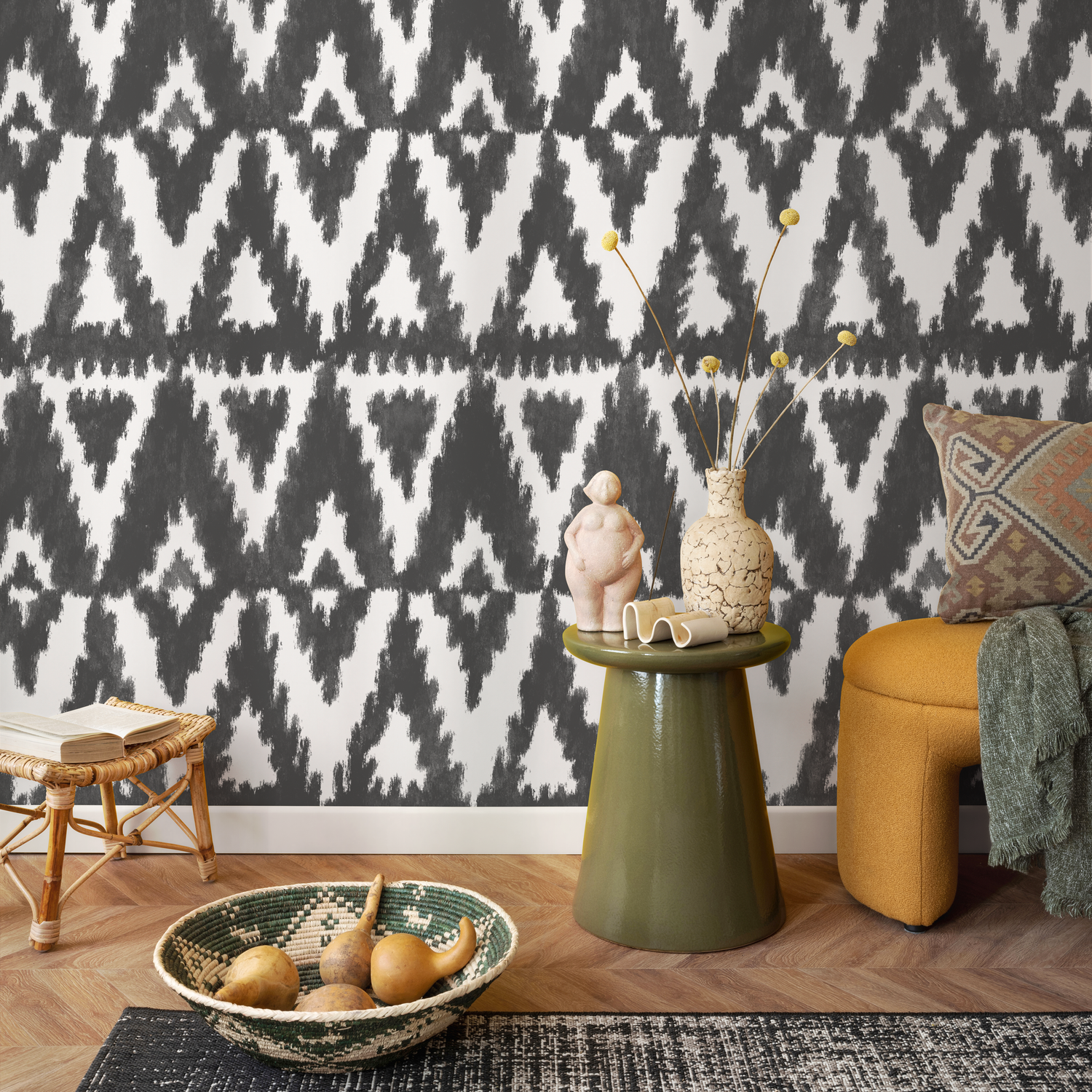 Tribal Wallpaper with a Bold Ikat-Inspired Motif in Black and White - C851
