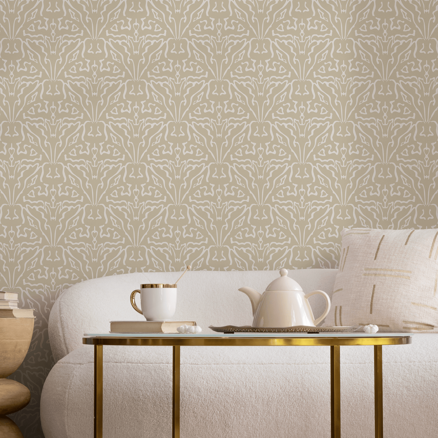 Art Nouveau Wallpaper with a Stylized Symmetrical Motif in Beige and Cream - C858