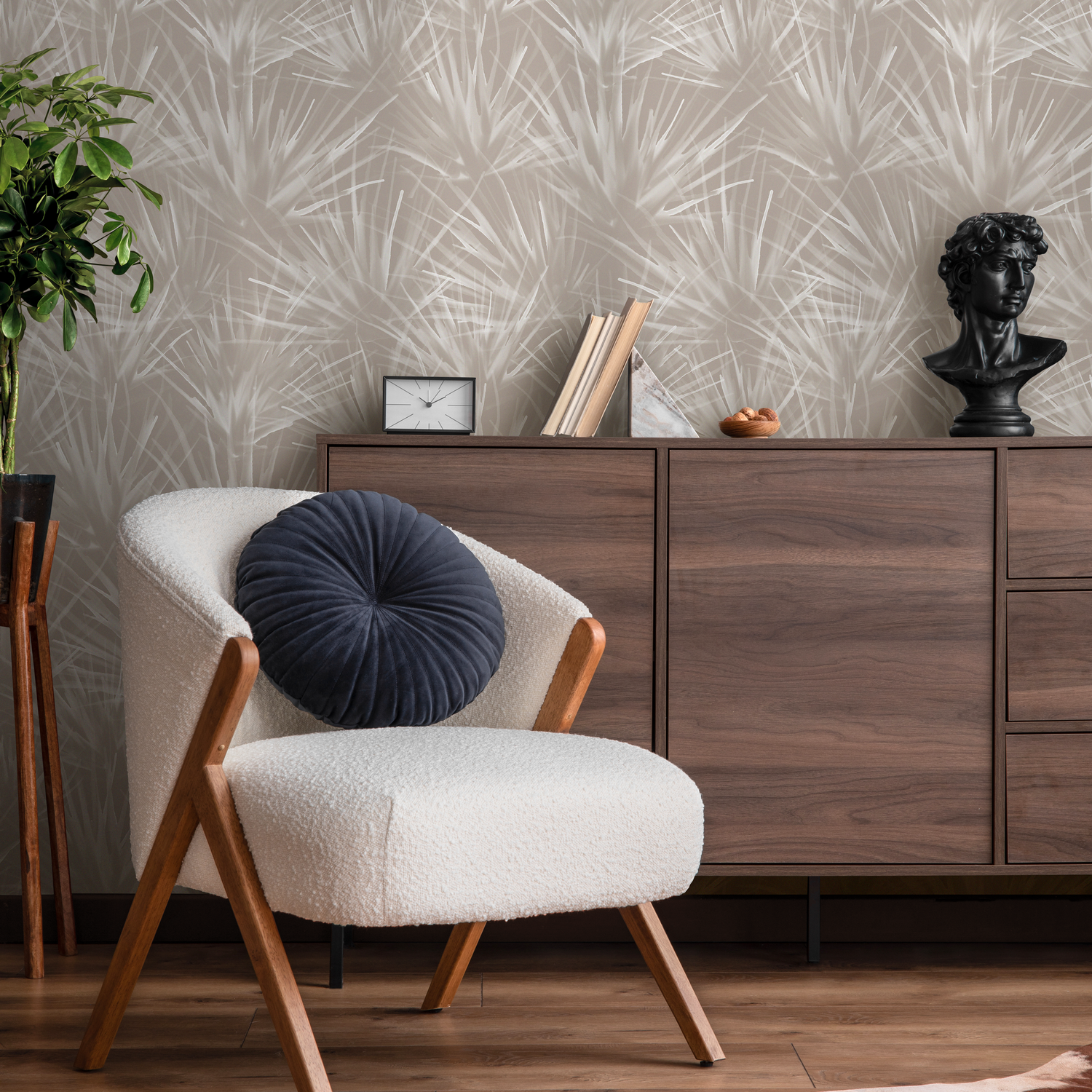Boho Wallpaper with a Wispy Dandelion Motif in Beige and Off-White - C860