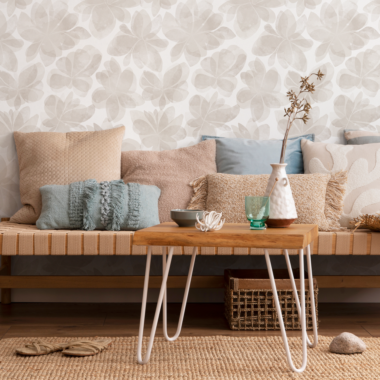 Floral Wallpaper with a Watercolor Flower Motif in Beige and Cream - C862