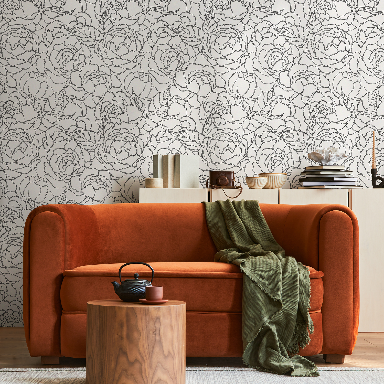 Floral Wallpaper with a Large Peony Line Art Motif in Gray - C872