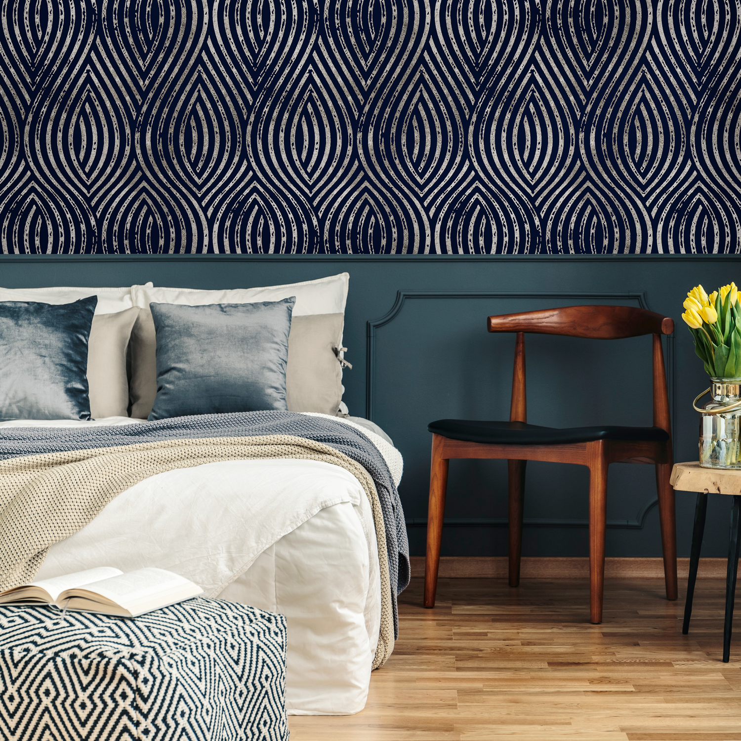 Papier peint moderne bleu marine et argent / Papier peint autocollant amovible Décoration d'intérieur Art mural Décoration murale Décoration de chambre - C877