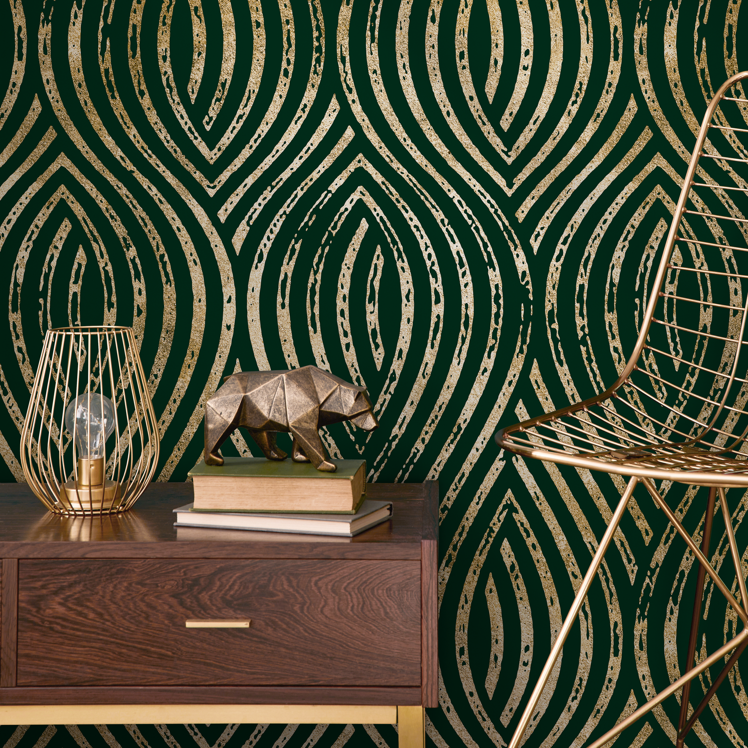 Papier peint moderne vert et or / Papier peint autocollant amovible Décoration d'intérieur Art mural Décoration murale Décoration de chambre - C878