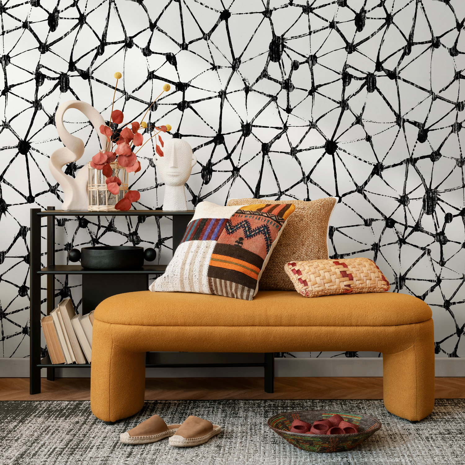Abstract Wallpaper with a Hand-Drawn Network Motif in Black and White - C879